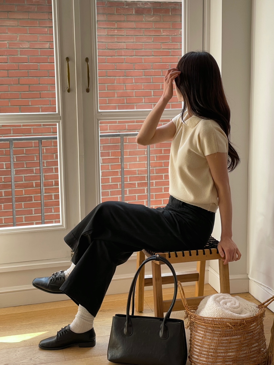 ウール混カラーパフスリーブラグランハーフボタンルーズ半袖無地ニット | 詳細画像6