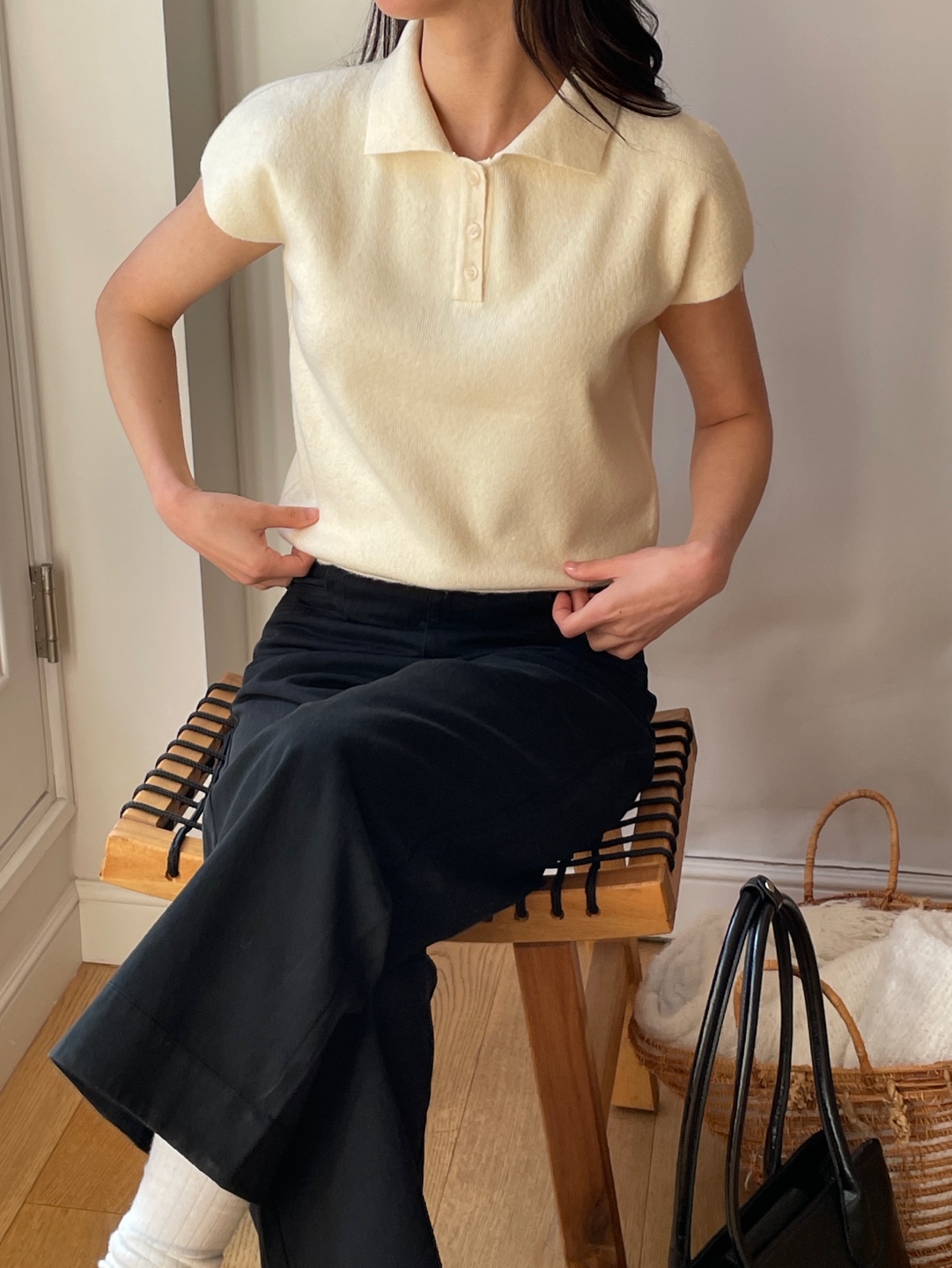 ウール混カラーパフスリーブラグランハーフボタンルーズ半袖無地ニット | 詳細画像3