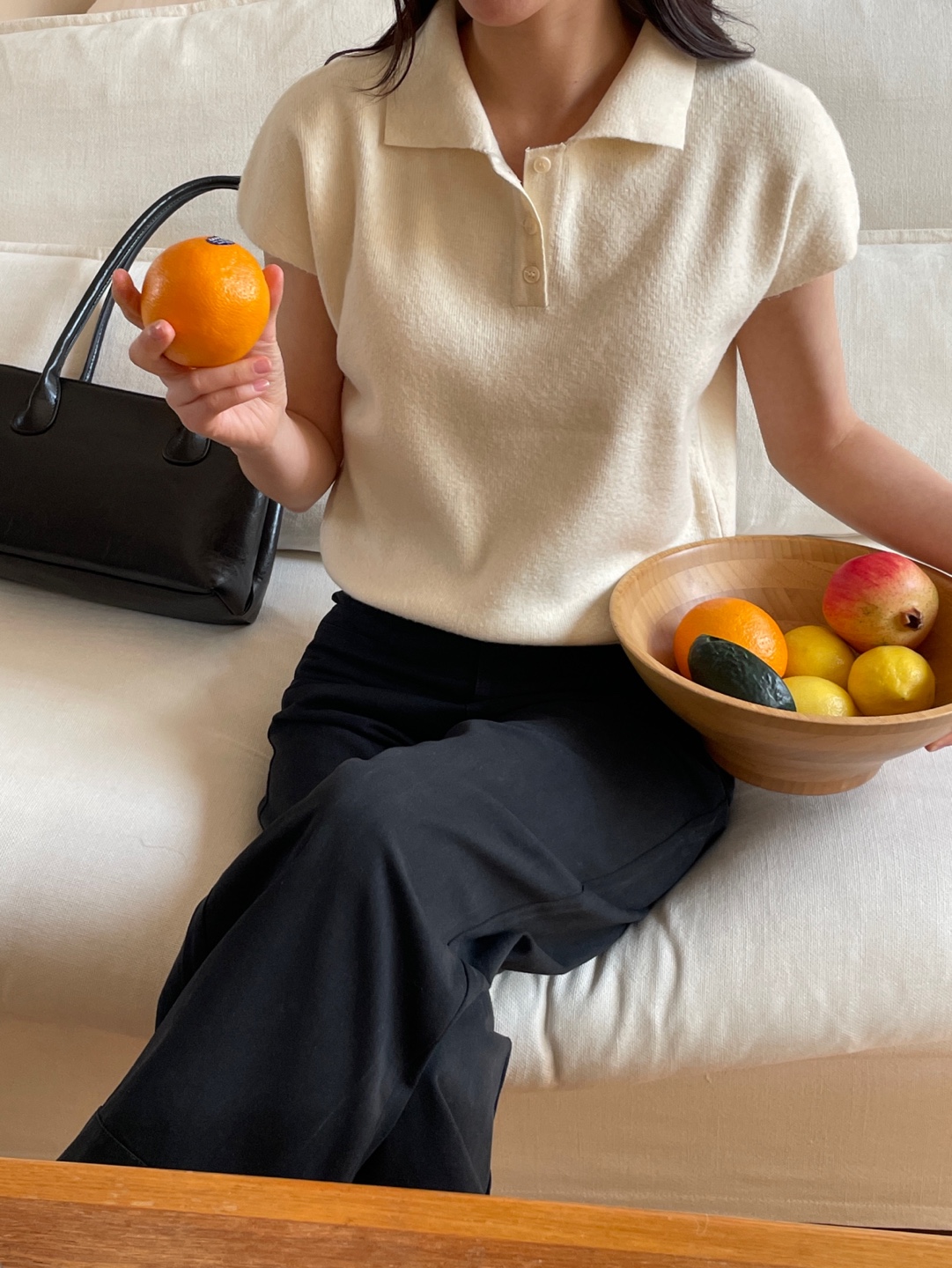 ウール混カラーパフスリーブラグランハーフボタンルーズ半袖無地ニット | 詳細画像5