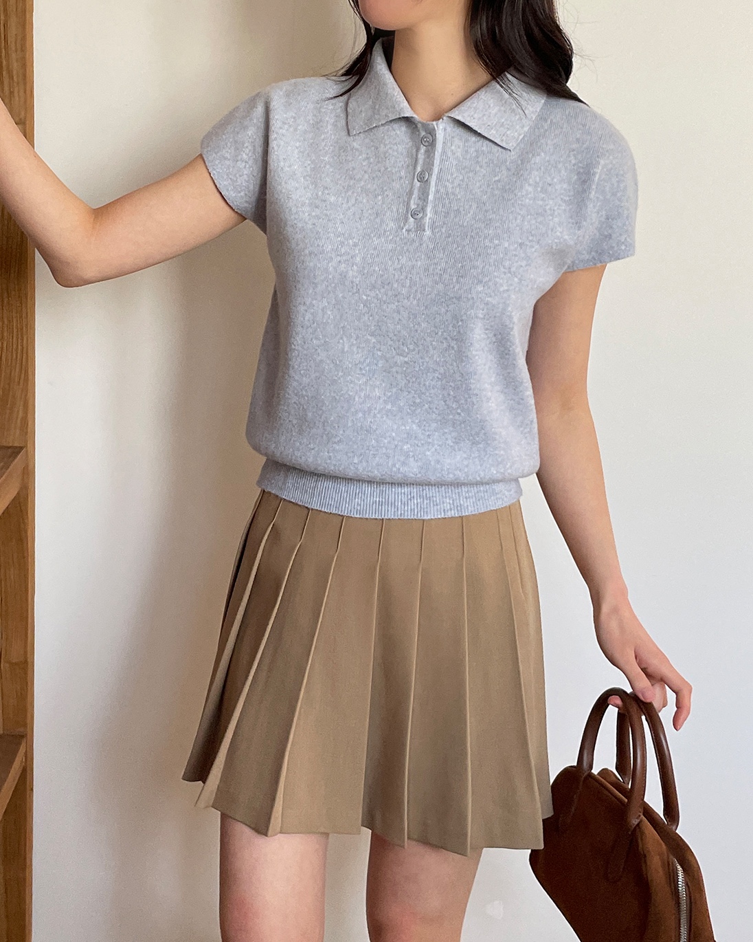 ウール混カラーパフスリーブラグランハーフボタンルーズ半袖無地ニット | 詳細画像10