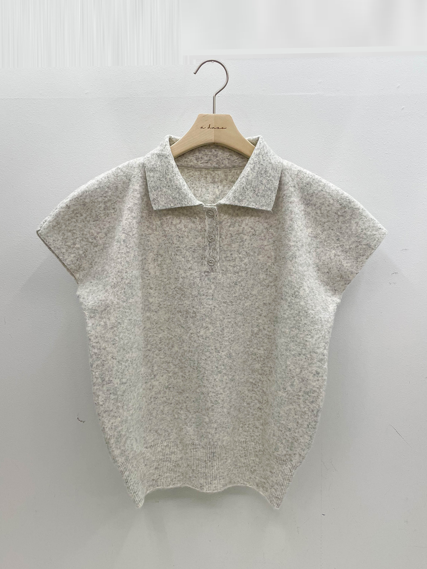 ウール混カラーパフスリーブラグランハーフボタンルーズ半袖無地ニット | 詳細画像16