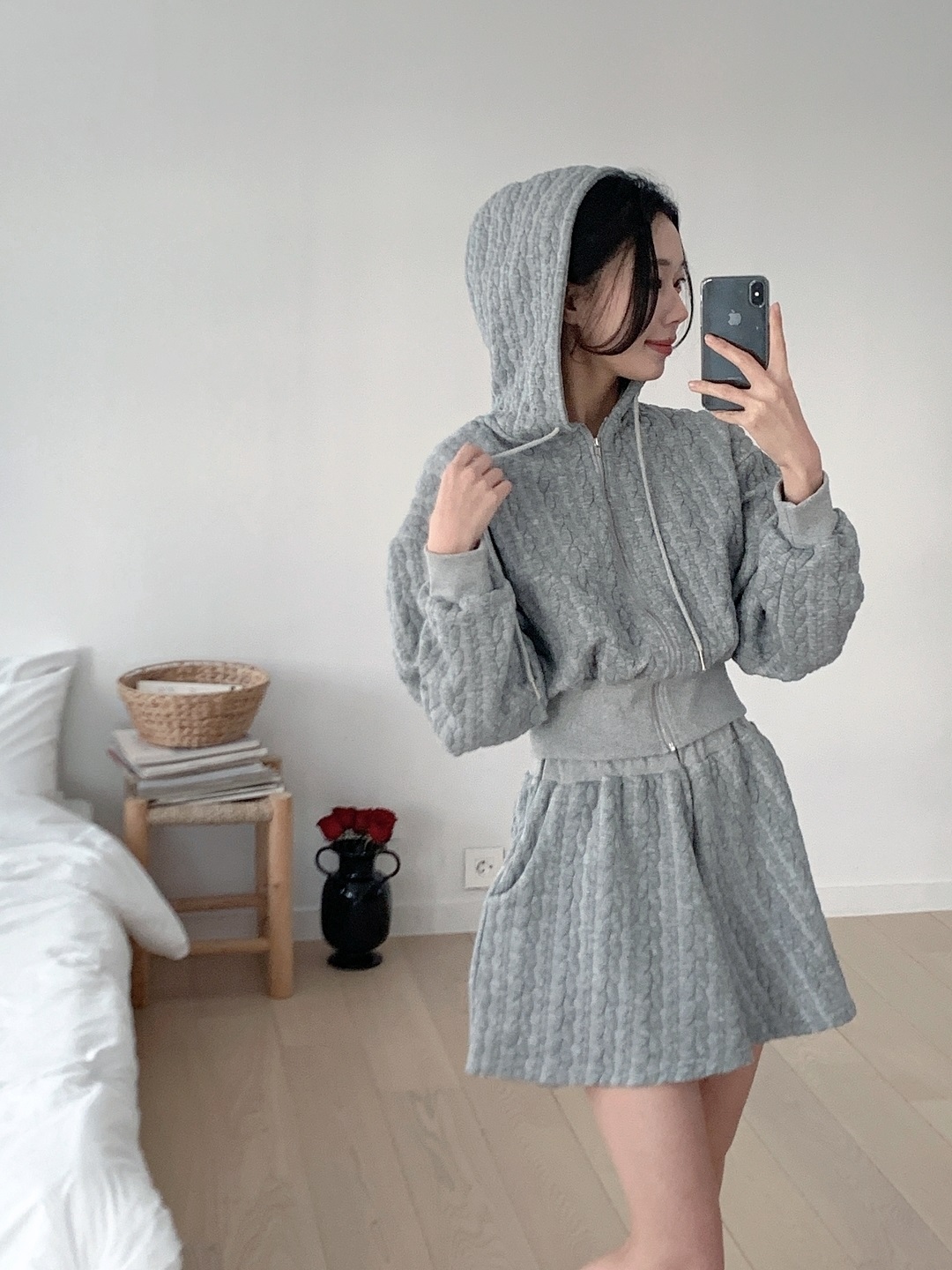 ジップアップドローストリングウエストゴムクロップドルーズ長袖ケーブルツーピース(トップス、ボトムス)ジップパーカーショートパンツ | 詳細画像3