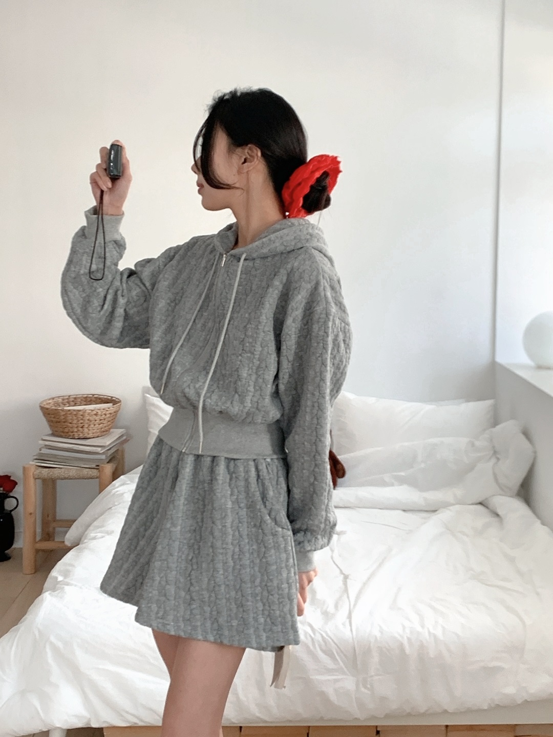 ジップアップドローストリングウエストゴムクロップドルーズ長袖ケーブルツーピース(トップス、ボトムス)ジップパーカーショートパンツ | 詳細画像6