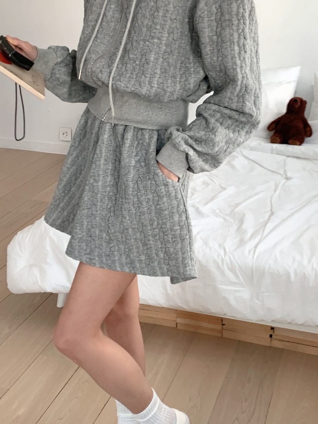 ジップアップドローストリングウエストゴムクロップドルーズ長袖ケーブルツーピース(トップス、ボトムス)ジップパーカーショートパンツ | 詳細画像7