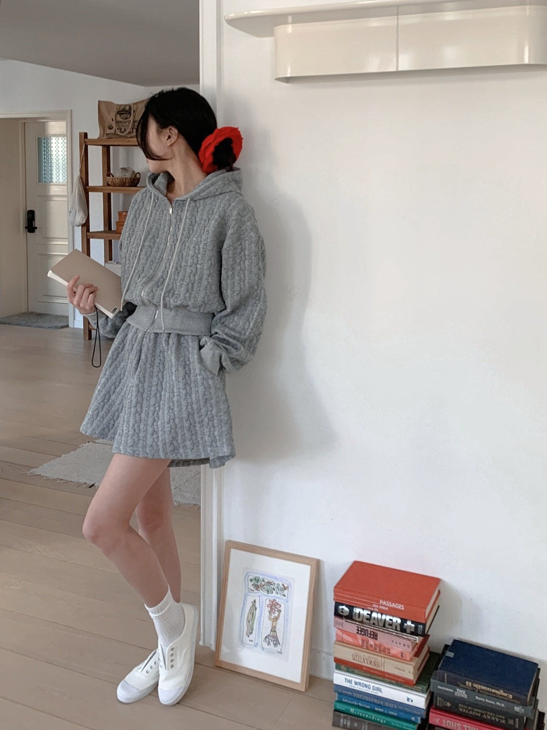 ジップアップドローストリングウエストゴムクロップドルーズ長袖ケーブルツーピース(トップス、ボトムス)ジップパーカーショートパンツ | 詳細画像8