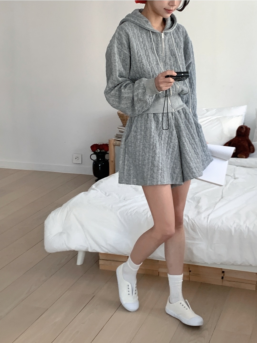 ジップアップドローストリングウエストゴムクロップドルーズ長袖ケーブルツーピース(トップス、ボトムス)ジップパーカーショートパンツ | 詳細画像9