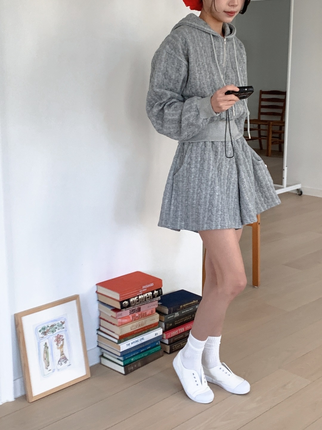 ジップアップドローストリングウエストゴムクロップドルーズ長袖ケーブルツーピース(トップス、ボトムス)ジップパーカーショートパンツ | 詳細画像10