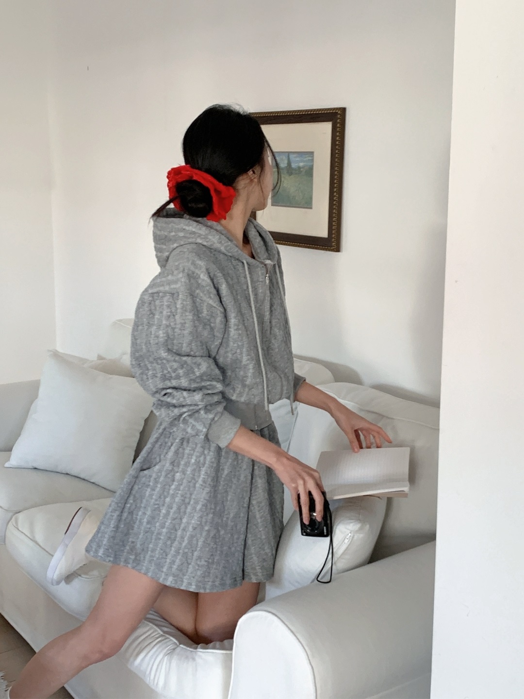 ジップアップドローストリングウエストゴムクロップドルーズ長袖ケーブルツーピース(トップス、ボトムス)ジップパーカーショートパンツ | 詳細画像13