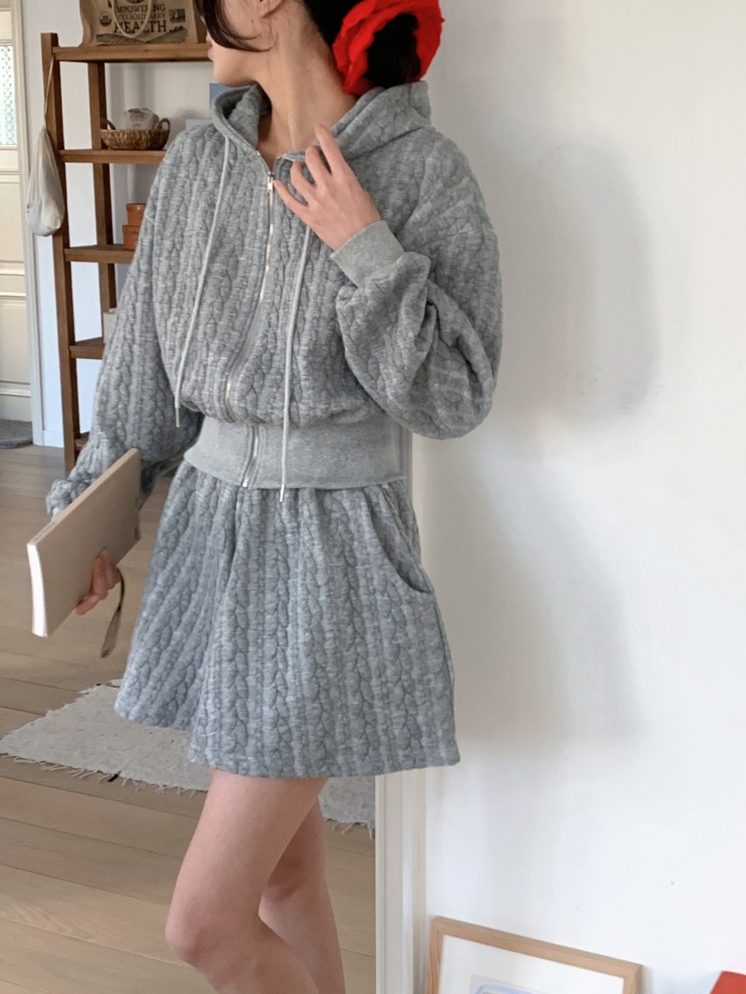 ジップアップドローストリングウエストゴムクロップドルーズ長袖ケーブルツーピース(トップス、ボトムス)ジップパーカーショートパンツ | 詳細画像15