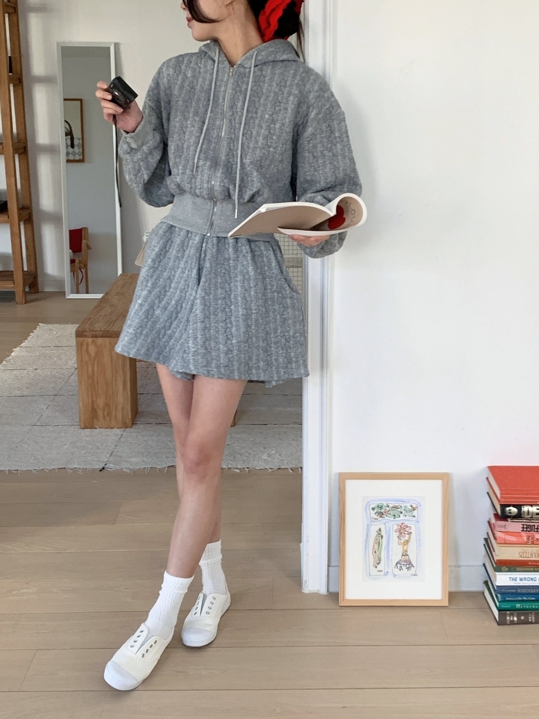 ジップアップドローストリングウエストゴムクロップドルーズ長袖ケーブルツーピース(トップス、ボトムス)ジップパーカーショートパンツ | 詳細画像16