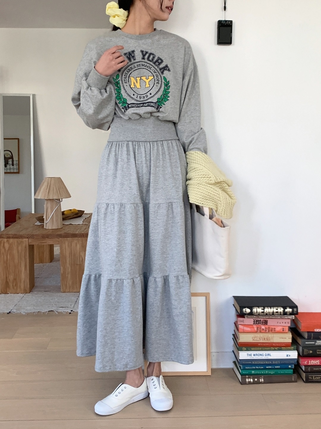 ラウンドネックティアードウエストゴムロングルーズ長袖セミクロップドレタリングプリントツーピース(トップス、ボトムス)スカートスウェット | 詳細画像16