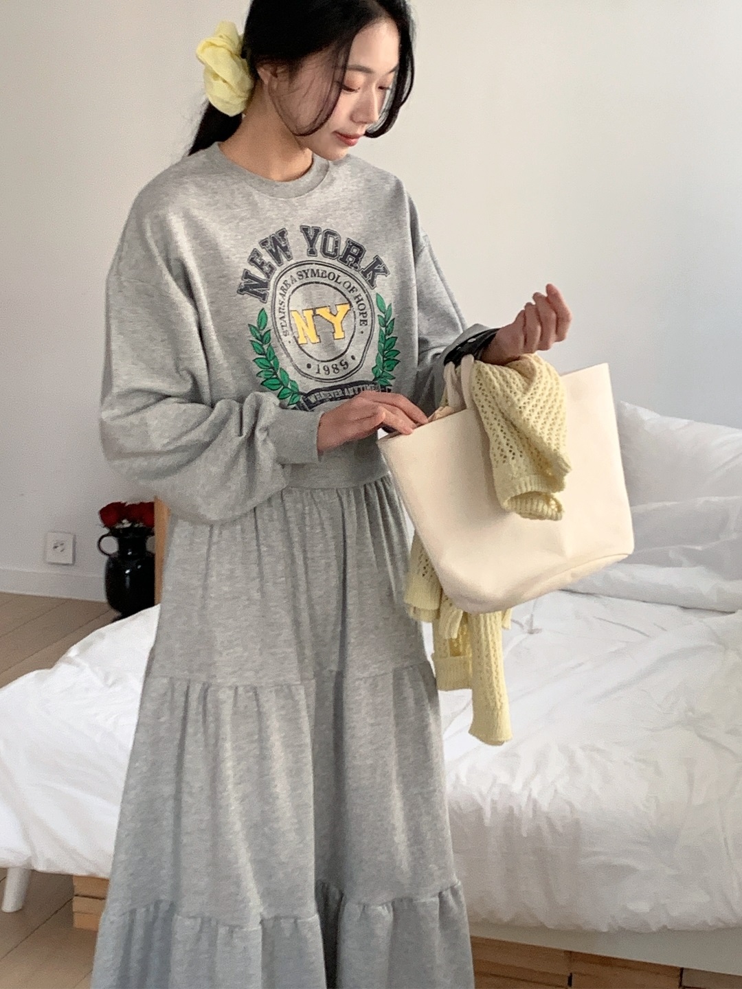 ラウンドネックティアードウエストゴムロングルーズ長袖セミクロップドレタリングプリントツーピース(トップス、ボトムス)スカートスウェット | 詳細画像3