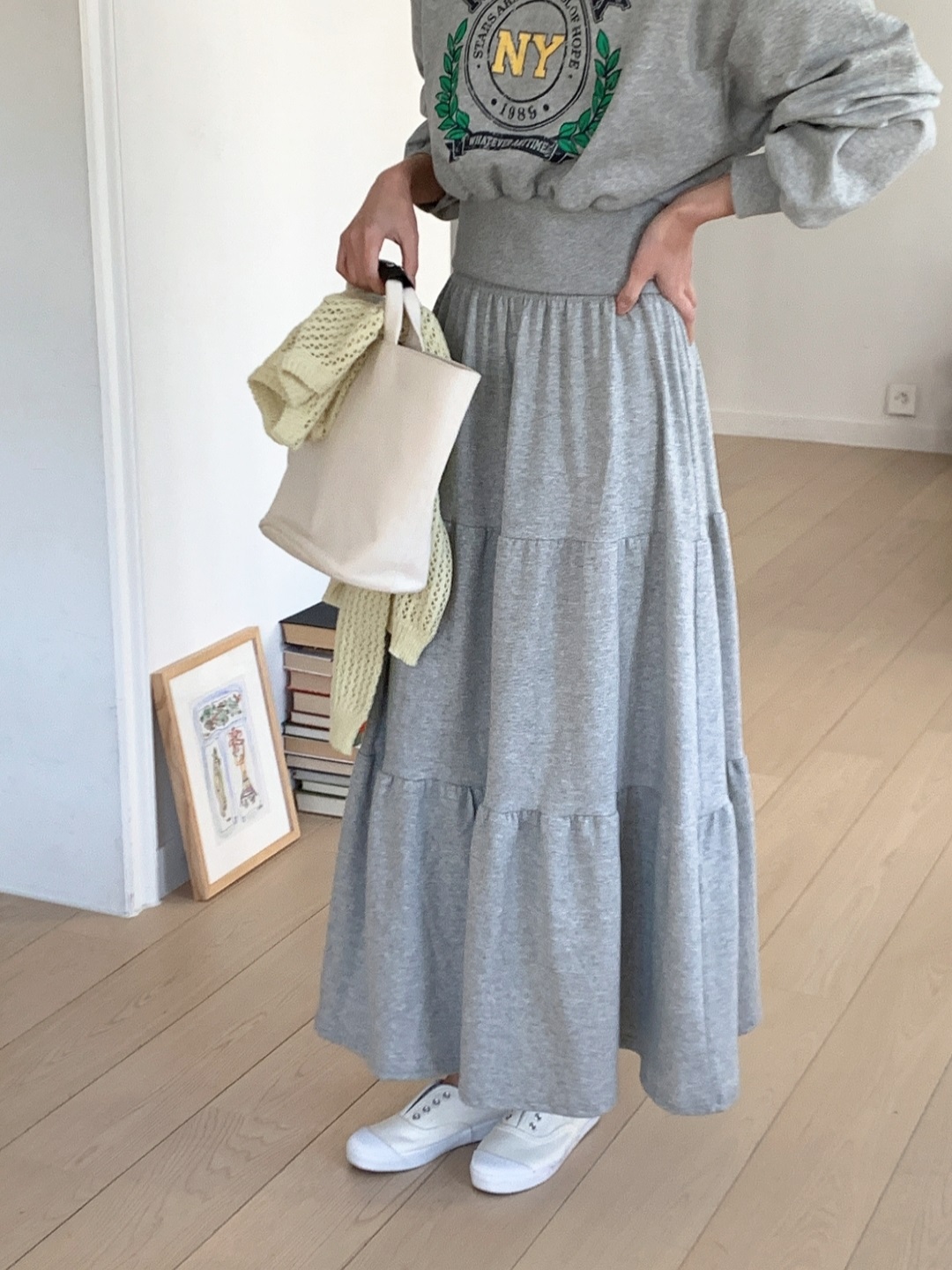 ラウンドネックティアードウエストゴムロングルーズ長袖セミクロップドレタリングプリントツーピース(トップス、ボトムス)スカートスウェット | 詳細画像6