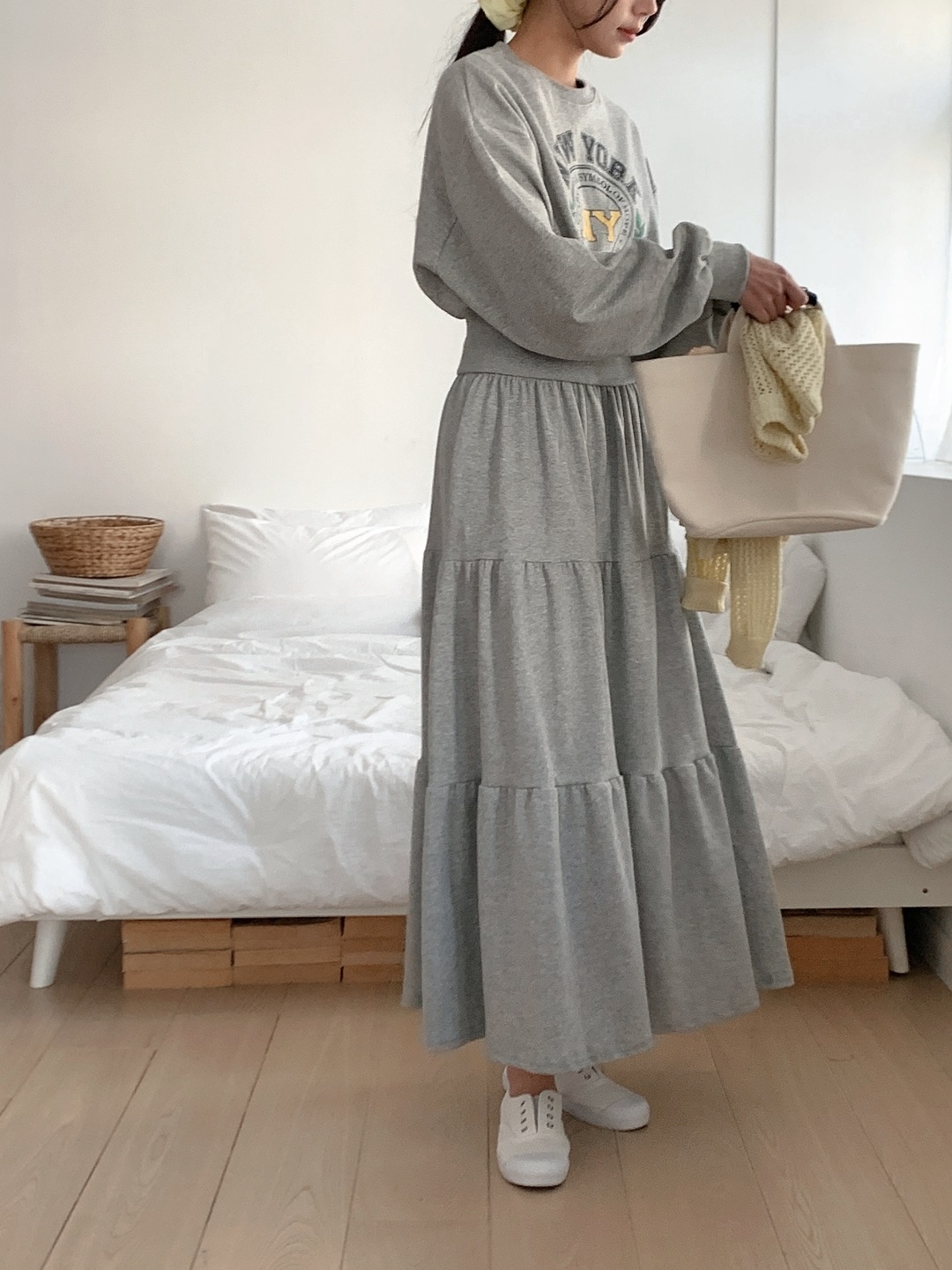 ラウンドネックティアードウエストゴムロングルーズ長袖セミクロップドレタリングプリントツーピース(トップス、ボトムス)スカートスウェット | 詳細画像7