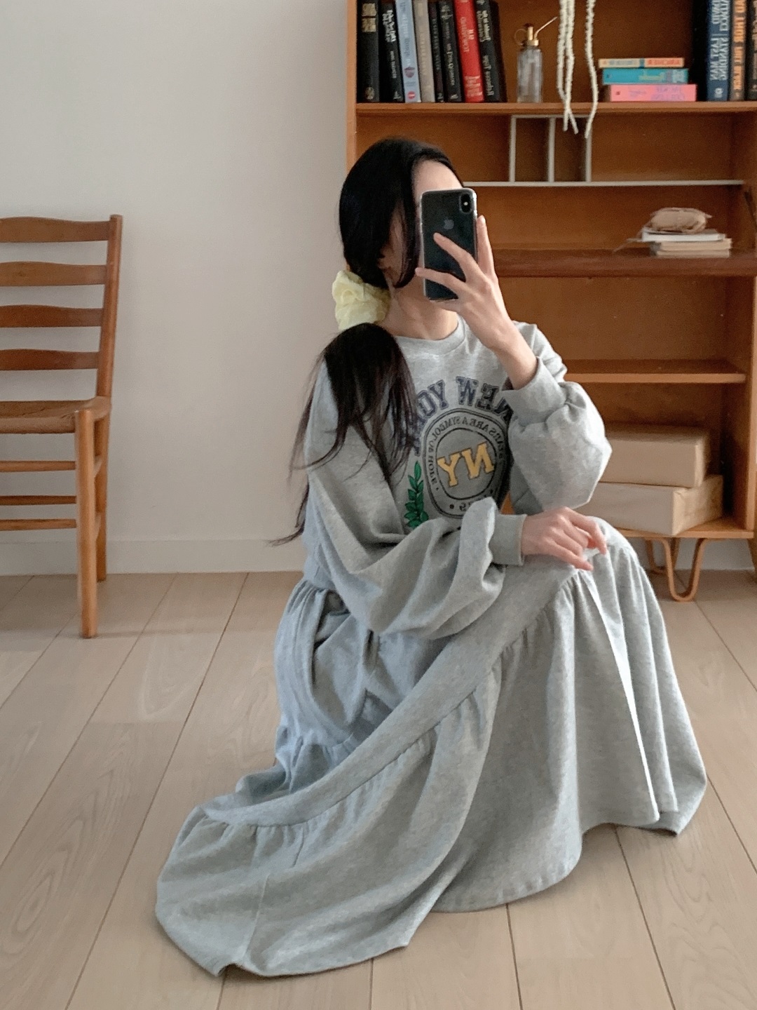 ラウンドネックティアードウエストゴムロングルーズ長袖セミクロップドレタリングプリントツーピース(トップス、ボトムス)スカートスウェット | 詳細画像9