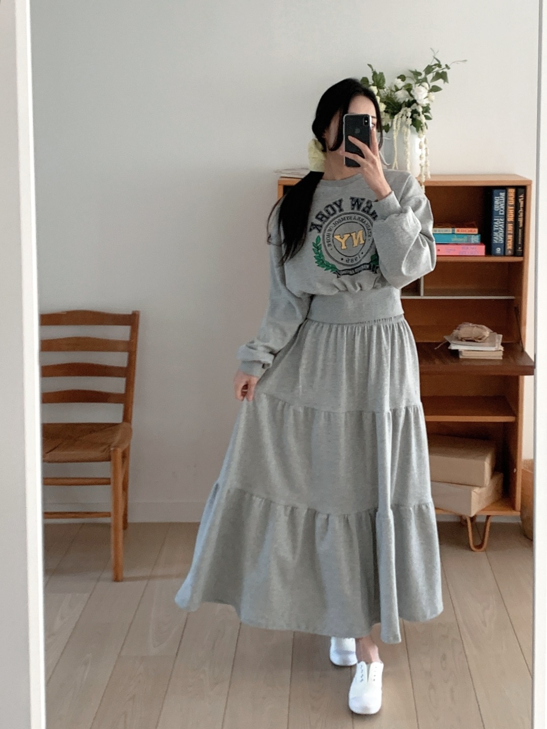 ラウンドネックティアードウエストゴムロングルーズ長袖セミクロップドレタリングプリントツーピース(トップス、ボトムス)スカートスウェット | 詳細画像11