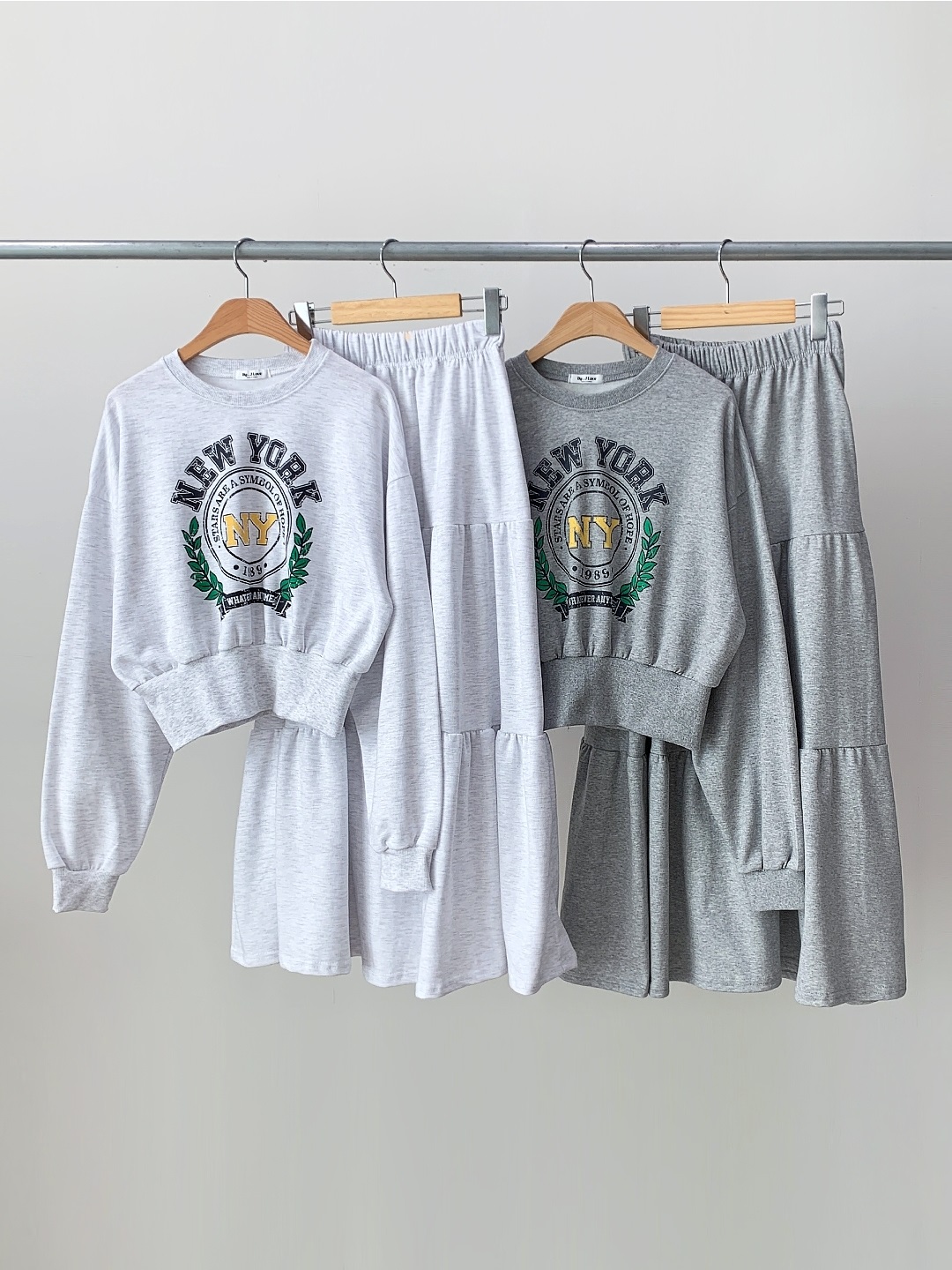 ラウンドネックティアードウエストゴムロングルーズ長袖セミクロップドレタリングプリントツーピース(トップス、ボトムス)スカートスウェット | 詳細画像12