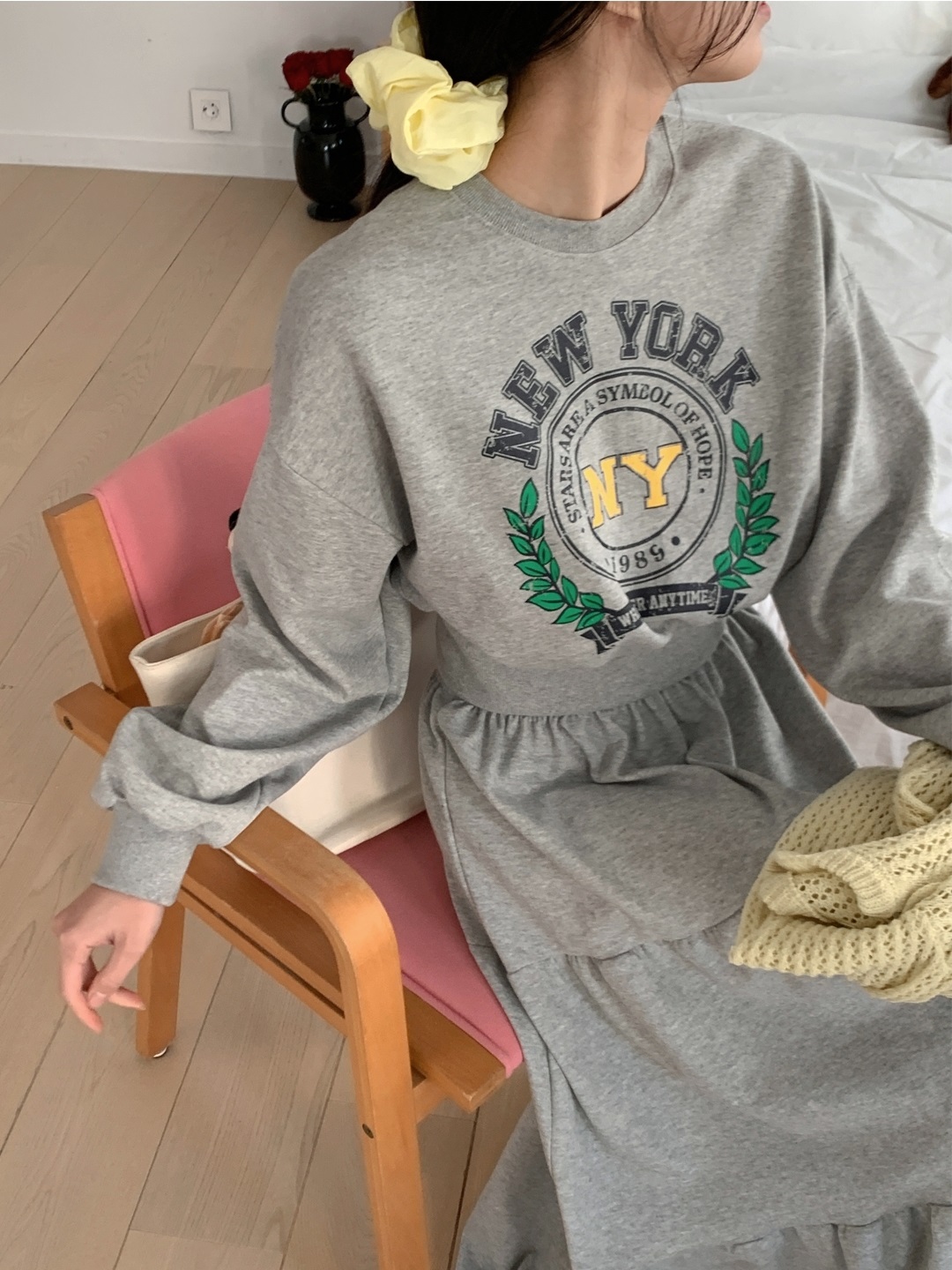 ラウンドネックティアードウエストゴムロングルーズ長袖セミクロップドレタリングプリントツーピース(トップス、ボトムス)スカートスウェット | 詳細画像13