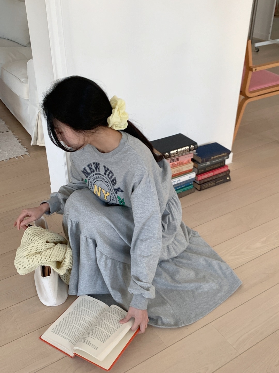 ラウンドネックティアードウエストゴムロングルーズ長袖セミクロップドレタリングプリントツーピース(トップス、ボトムス)スカートスウェット | 詳細画像14