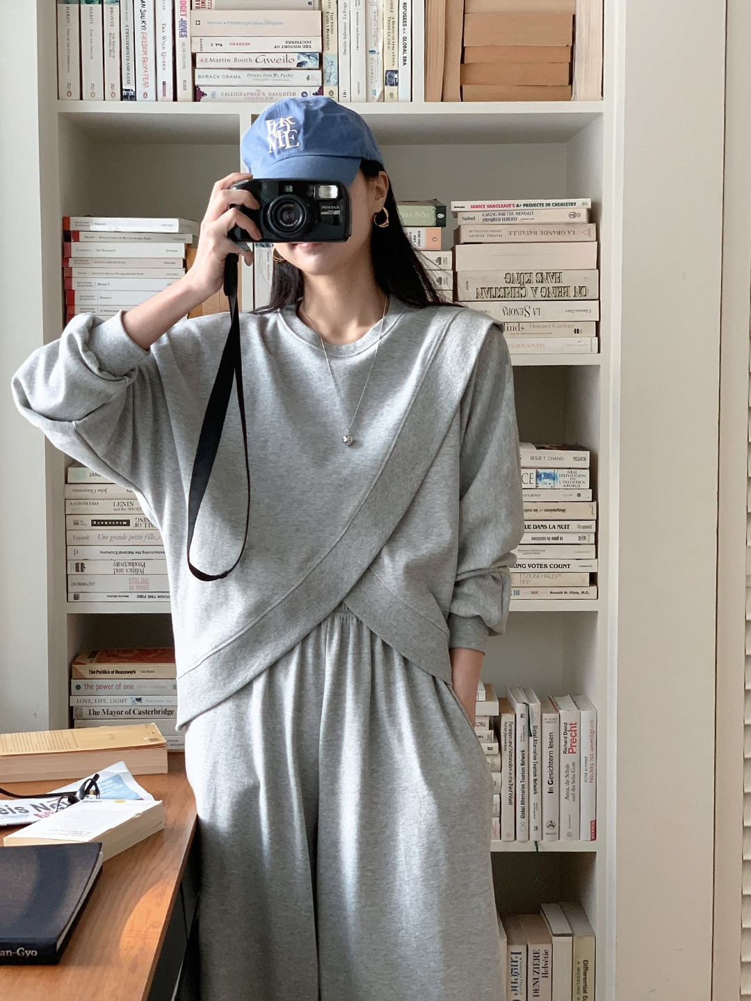 ラウンドネックスリットウエストゴムラグランオーバーサイズロングルーズアンバランス長袖無地ツーピース(トップス、ボトムス)パンツスウェット | 詳細画像5