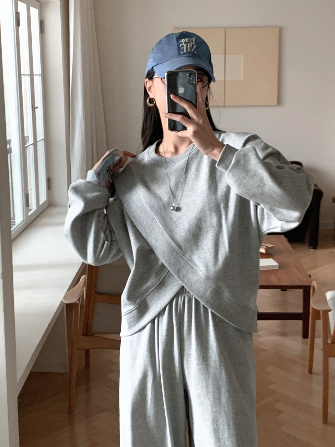 ラウンドネックスリットウエストゴムラグランオーバーサイズロングルーズアンバランス長袖無地ツーピース(トップス、ボトムス)パンツスウェット | 詳細画像6