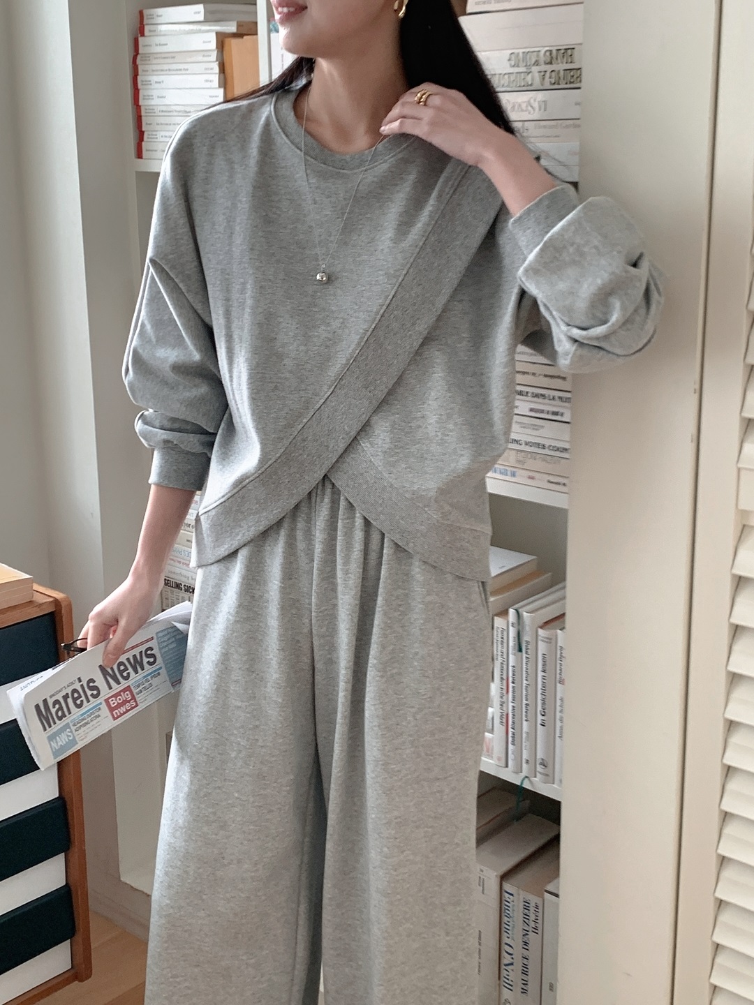 ラウンドネックスリットウエストゴムラグランオーバーサイズロングルーズアンバランス長袖無地ツーピース(トップス、ボトムス)パンツスウェット | 詳細画像7