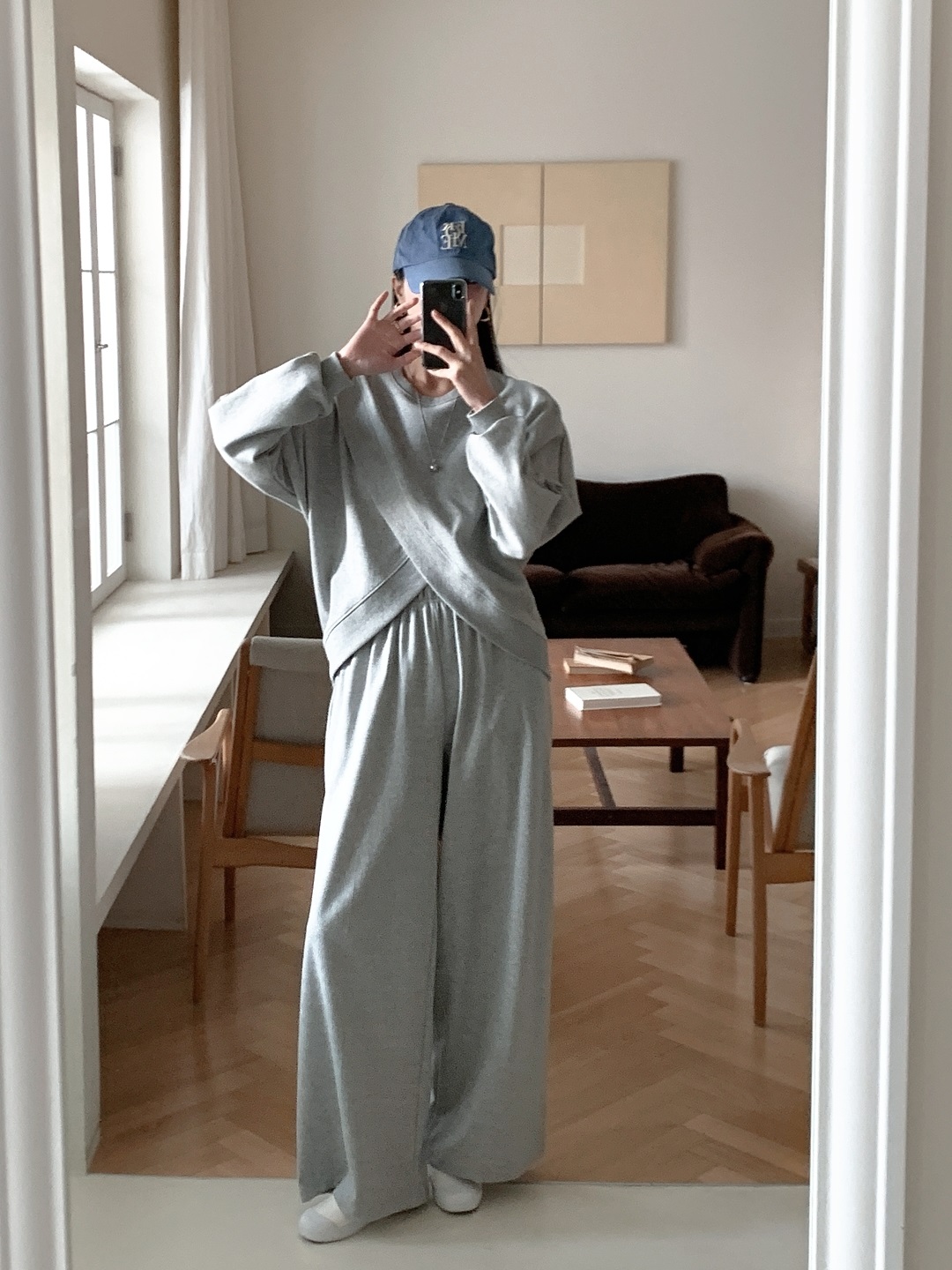 ラウンドネックスリットウエストゴムラグランオーバーサイズロングルーズアンバランス長袖無地ツーピース(トップス、ボトムス)パンツスウェット | 詳細画像8