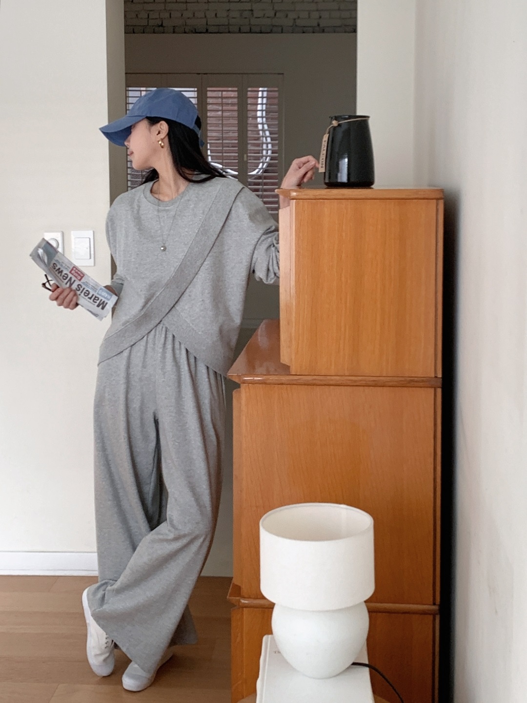 ラウンドネックスリットウエストゴムラグランオーバーサイズロングルーズアンバランス長袖無地ツーピース(トップス、ボトムス)パンツスウェット | 詳細画像11