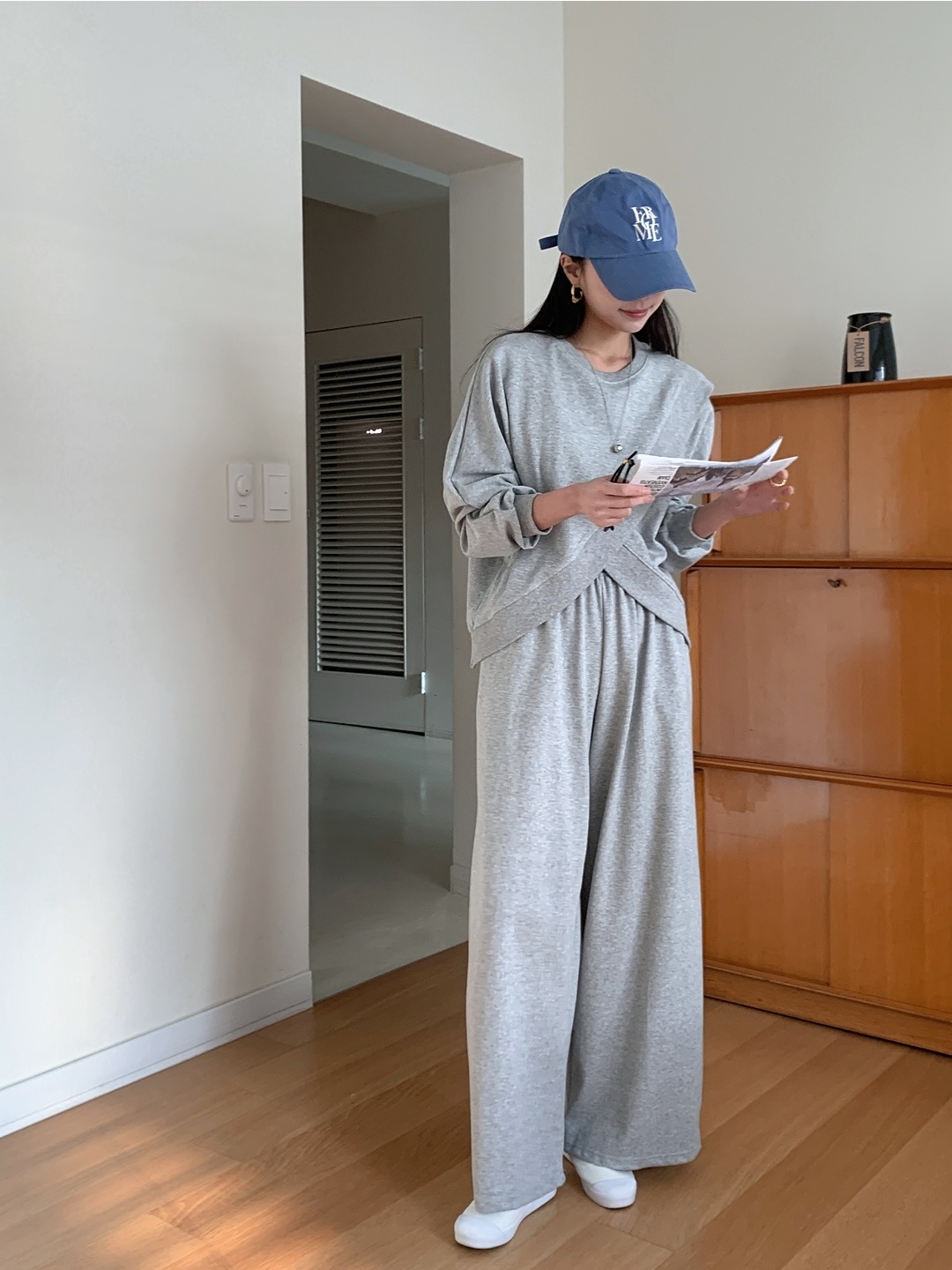 ラウンドネックスリットウエストゴムラグランオーバーサイズロングルーズアンバランス長袖無地ツーピース(トップス、ボトムス)パンツスウェット | 詳細画像12