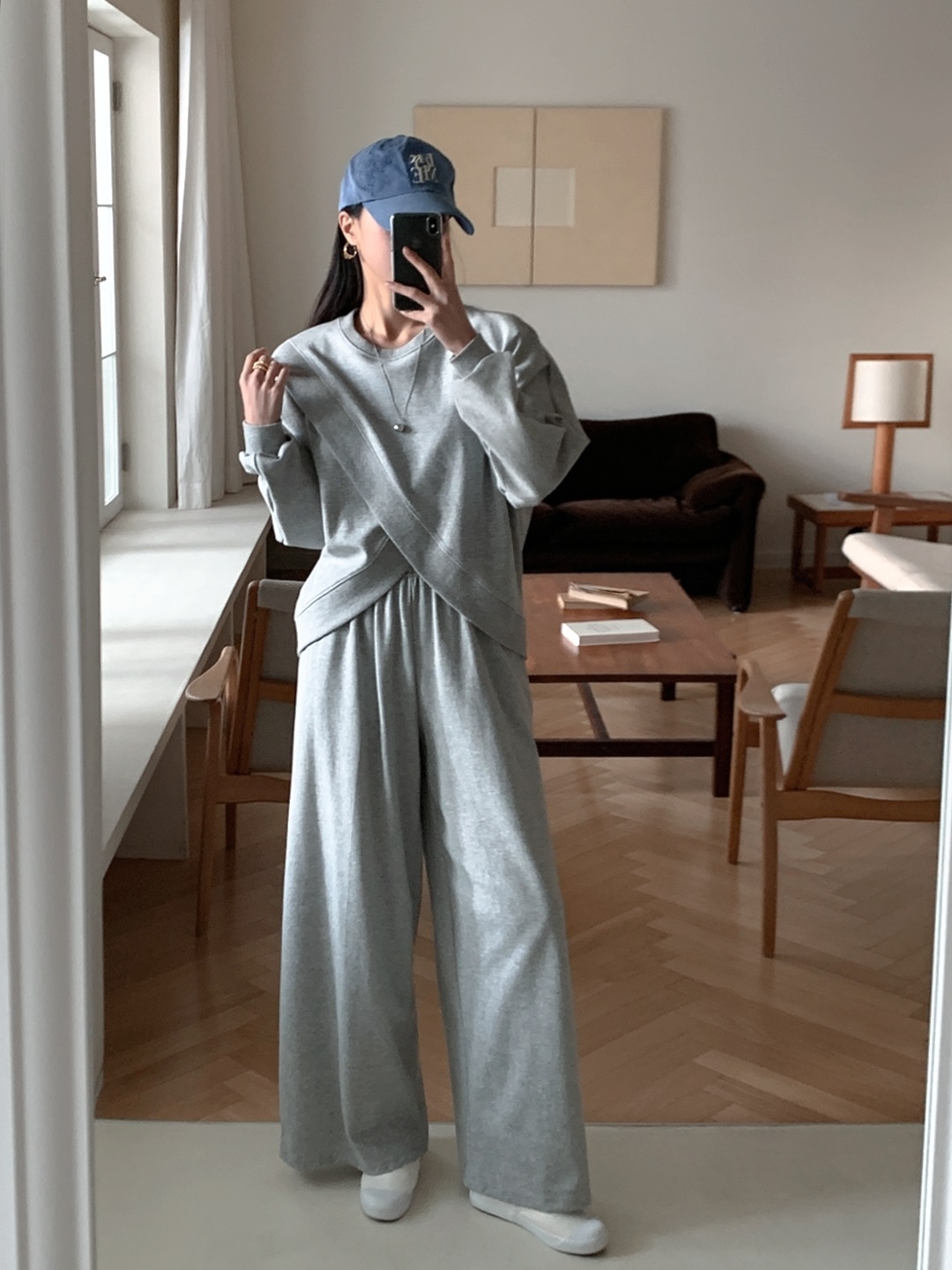 ラウンドネックスリットウエストゴムラグランオーバーサイズロングルーズアンバランス長袖無地ツーピース(トップス、ボトムス)パンツスウェット | 詳細画像13