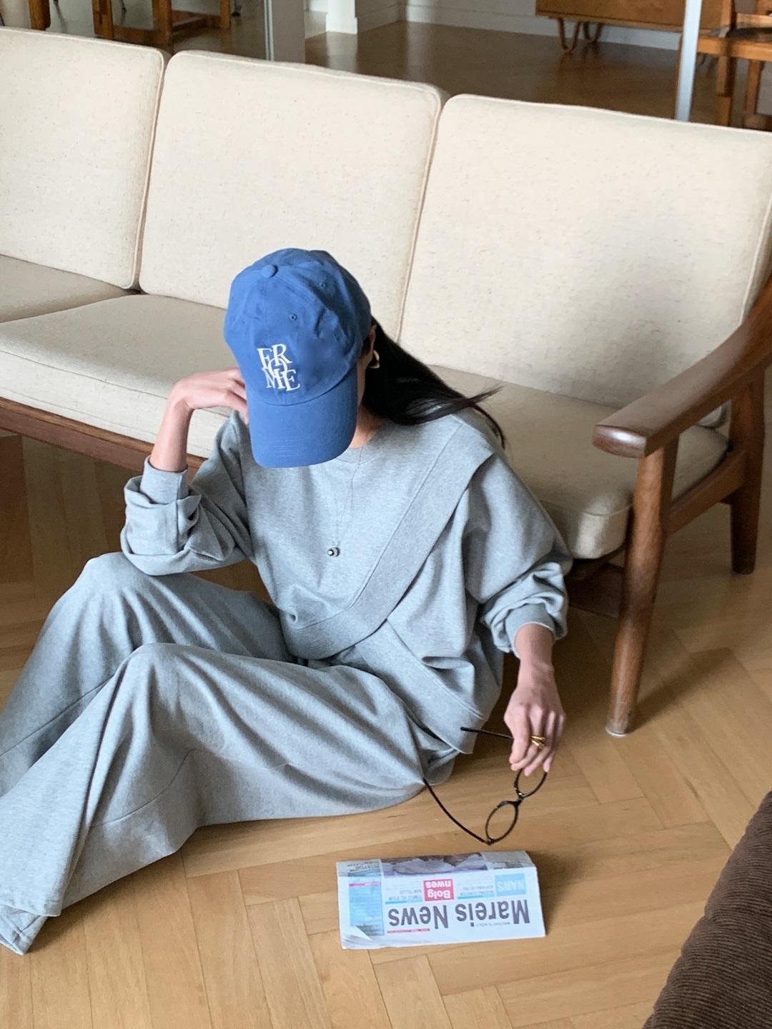 ラウンドネックスリットウエストゴムラグランオーバーサイズロングルーズアンバランス長袖無地ツーピース(トップス、ボトムス)パンツスウェット | 詳細画像16