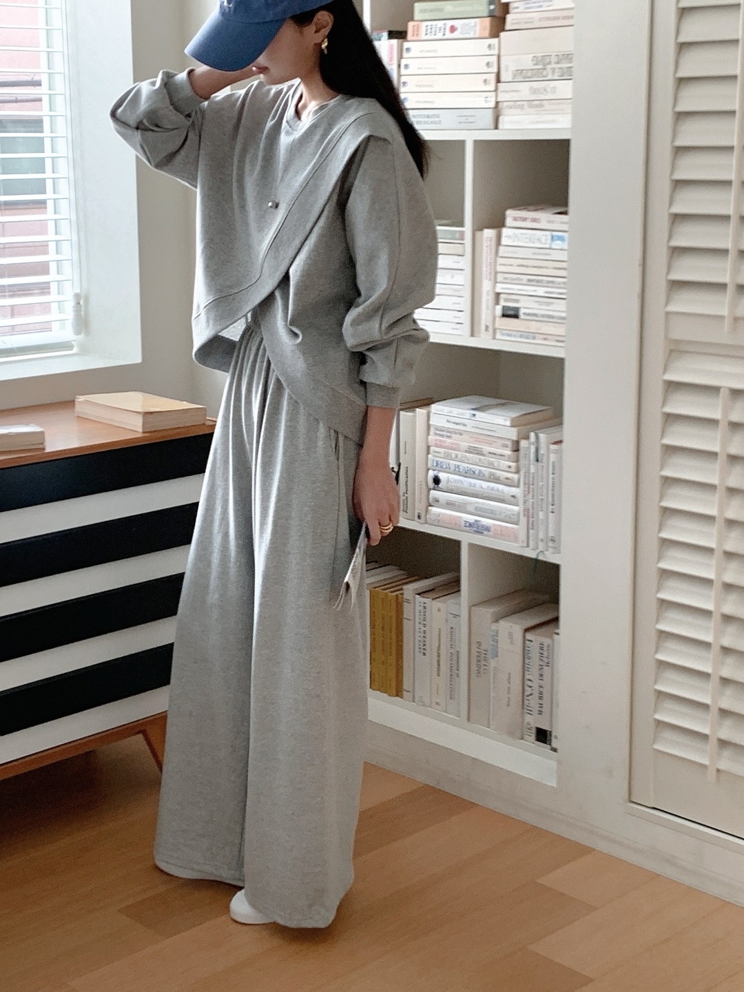 ラウンドネックスリットウエストゴムラグランオーバーサイズロングルーズアンバランス長袖無地ツーピース(トップス、ボトムス)パンツスウェット | 詳細画像17