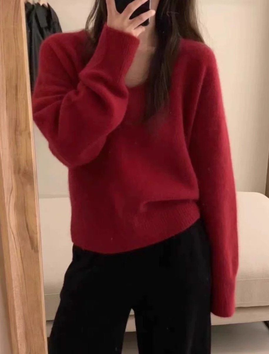 Vネックルーズ長袖無地ニット | 詳細画像2