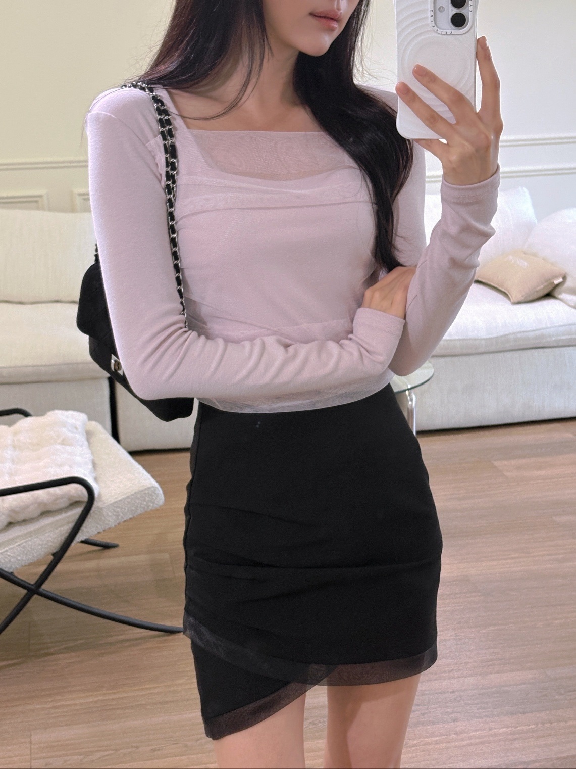 シフォンコンビスクエアネックスリムレイヤード風長袖無地Tシャツ | 詳細画像5