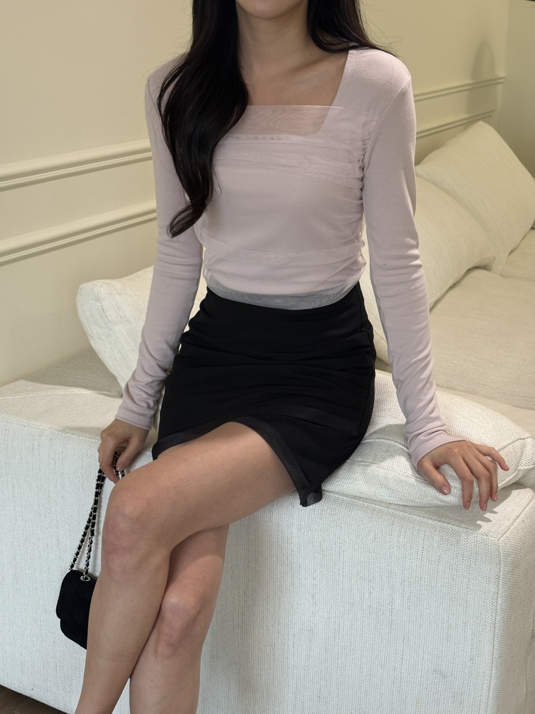 シフォンコンビスクエアネックスリムレイヤード風長袖無地Tシャツ | 詳細画像15