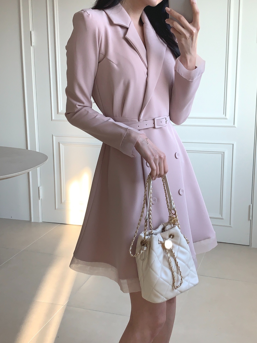 シフォンコンビカラー長袖フレアダブルボタン無地ワンピースベルト付 | 詳細画像2