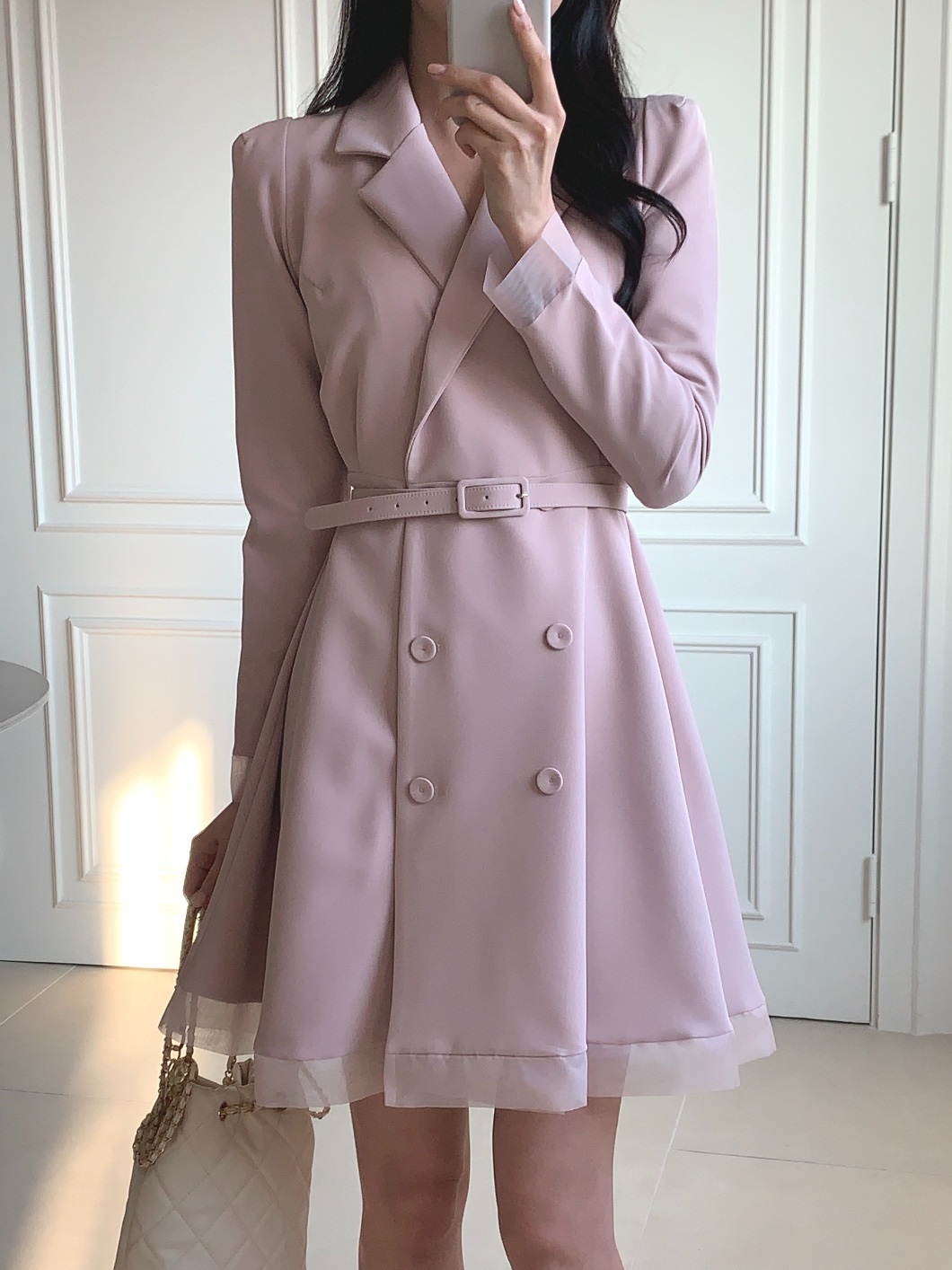 シフォンコンビカラー長袖フレアダブルボタン無地ワンピースベルト付 | 詳細画像4