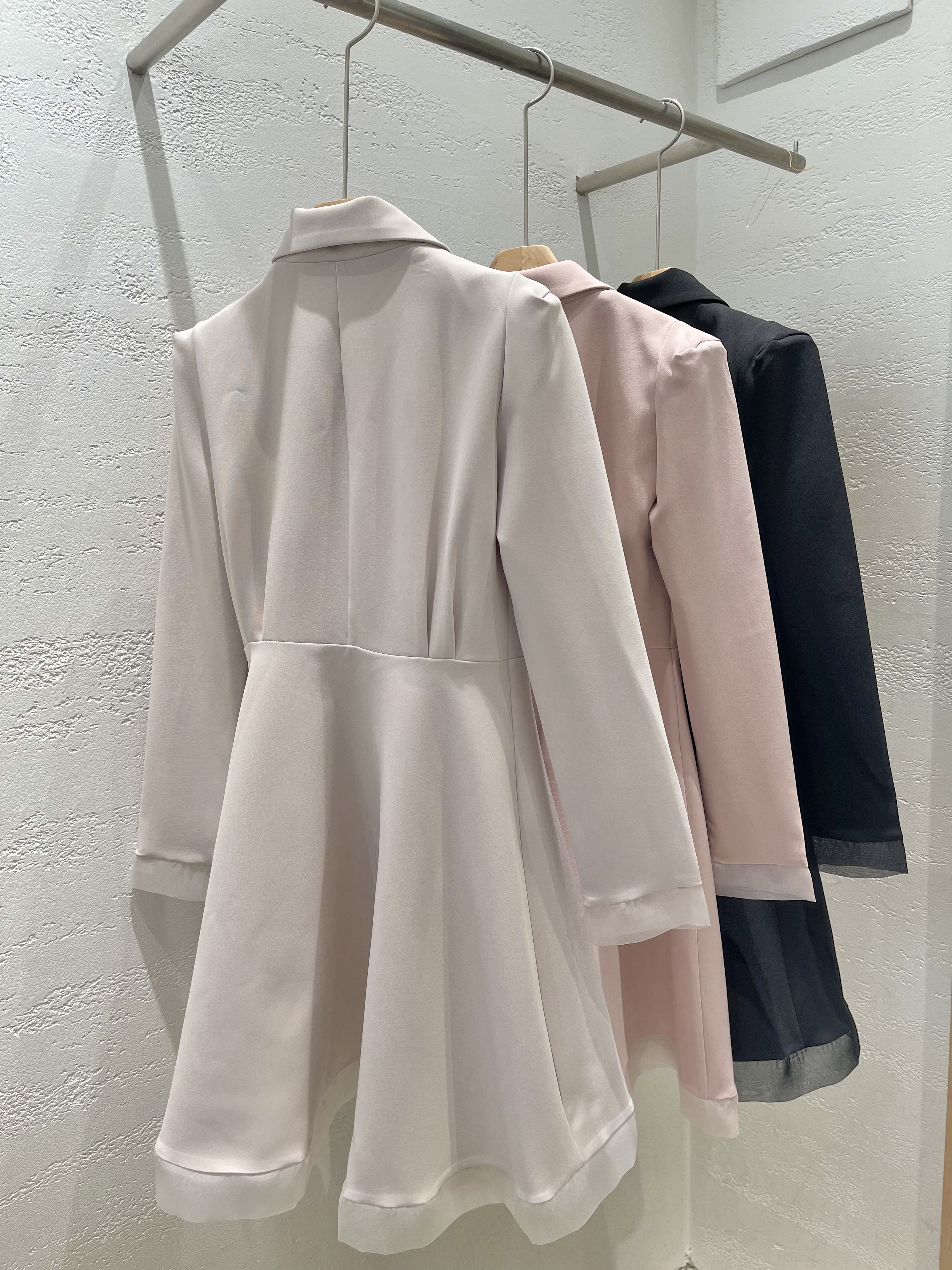 シフォンコンビカラー長袖フレアダブルボタン無地ワンピースベルト付 | 詳細画像24