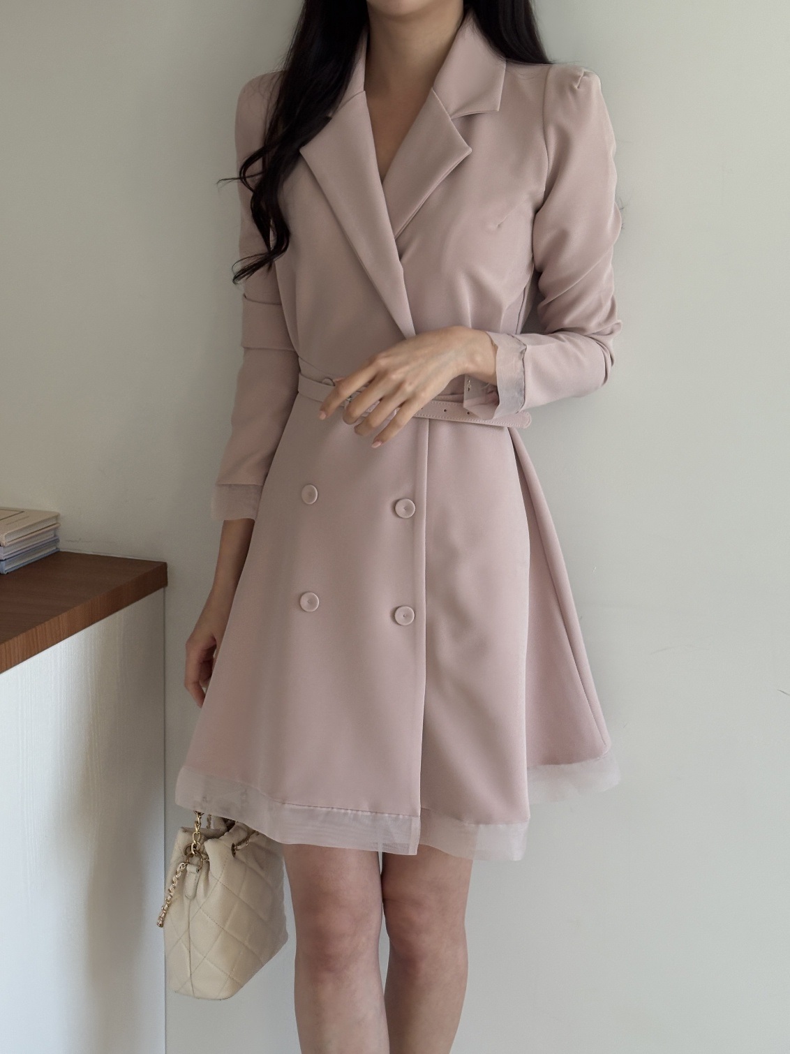 シフォンコンビカラー長袖フレアダブルボタン無地ワンピースベルト付 | 詳細画像3