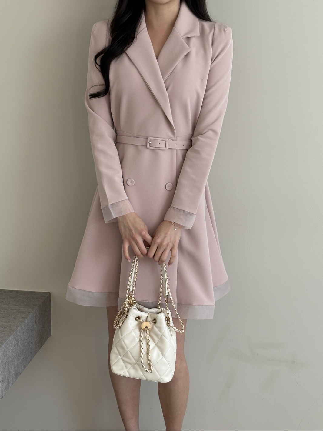 シフォンコンビカラー長袖フレアダブルボタン無地ワンピースベルト付 | 詳細画像6