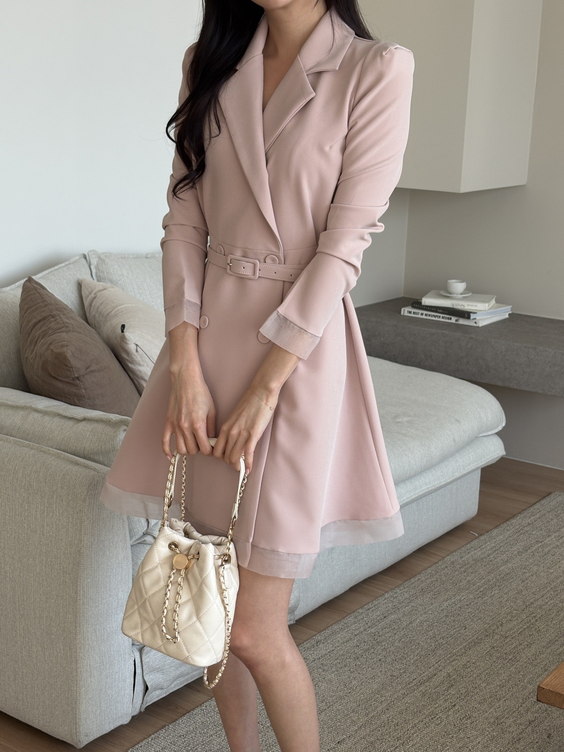 シフォンコンビカラー長袖フレアダブルボタン無地ワンピースベルト付 | 詳細画像7