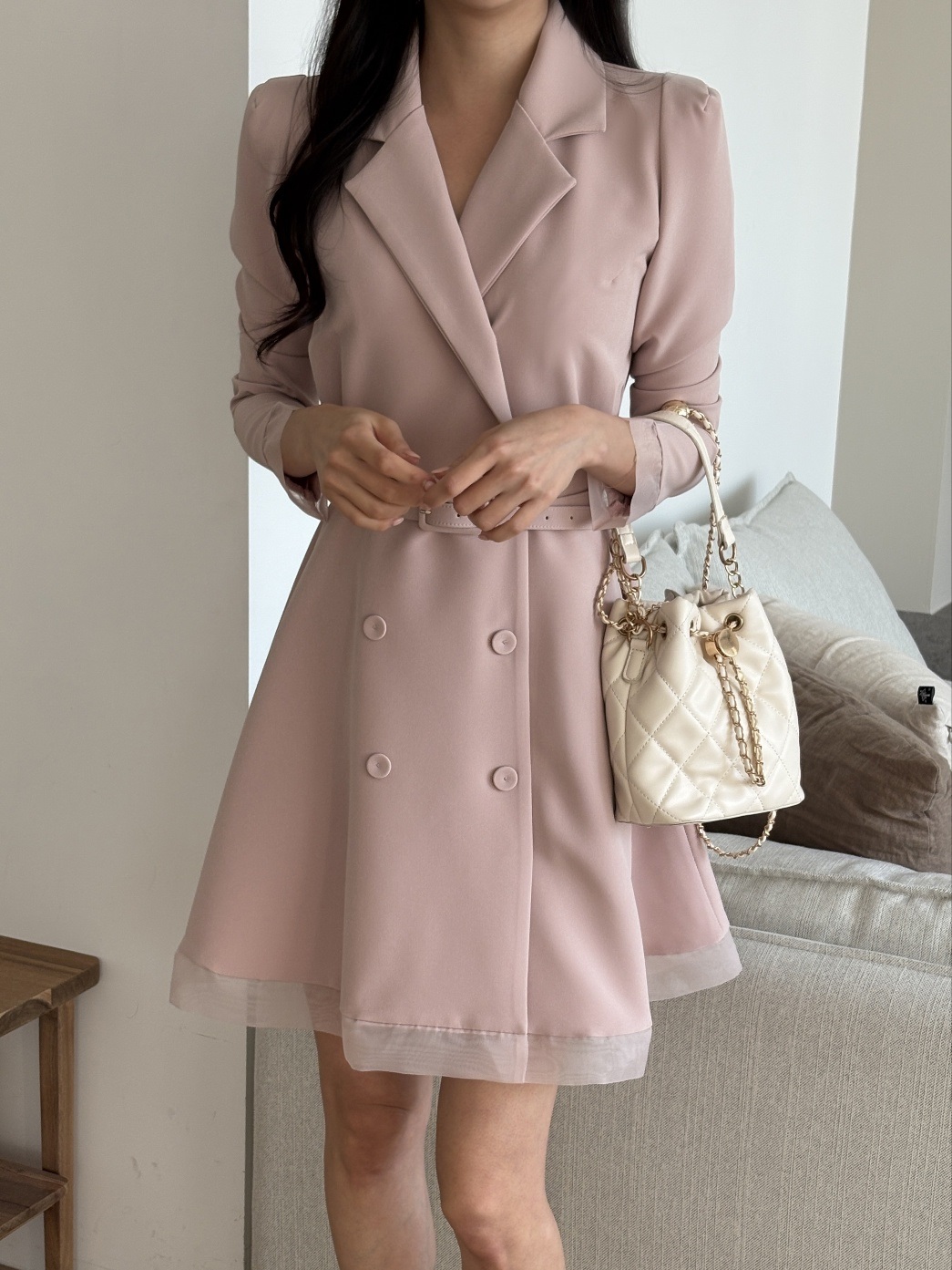 シフォンコンビカラー長袖フレアダブルボタン無地ワンピースベルト付 | 詳細画像10