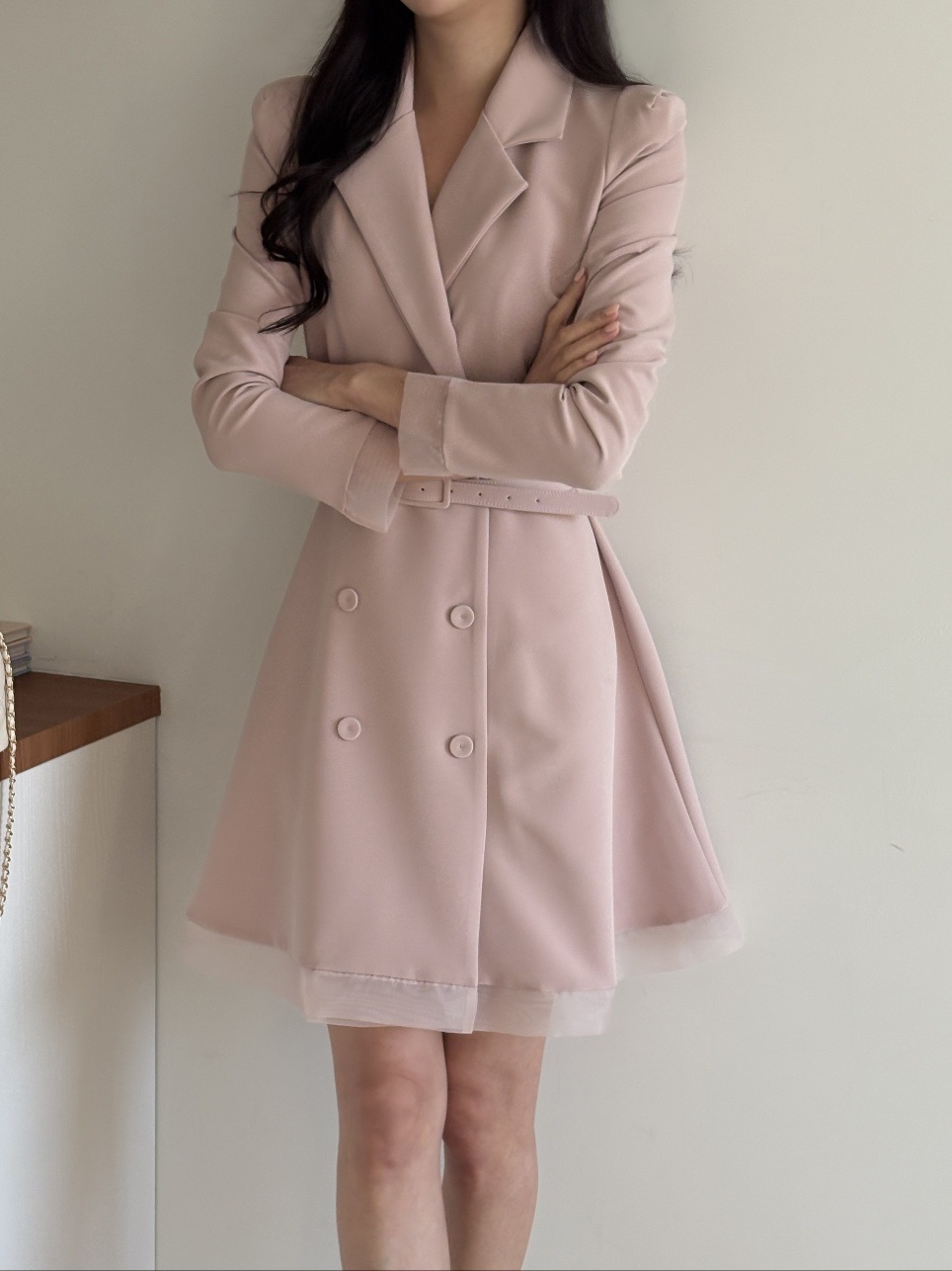 シフォンコンビカラー長袖フレアダブルボタン無地ワンピースベルト付 | 詳細画像12