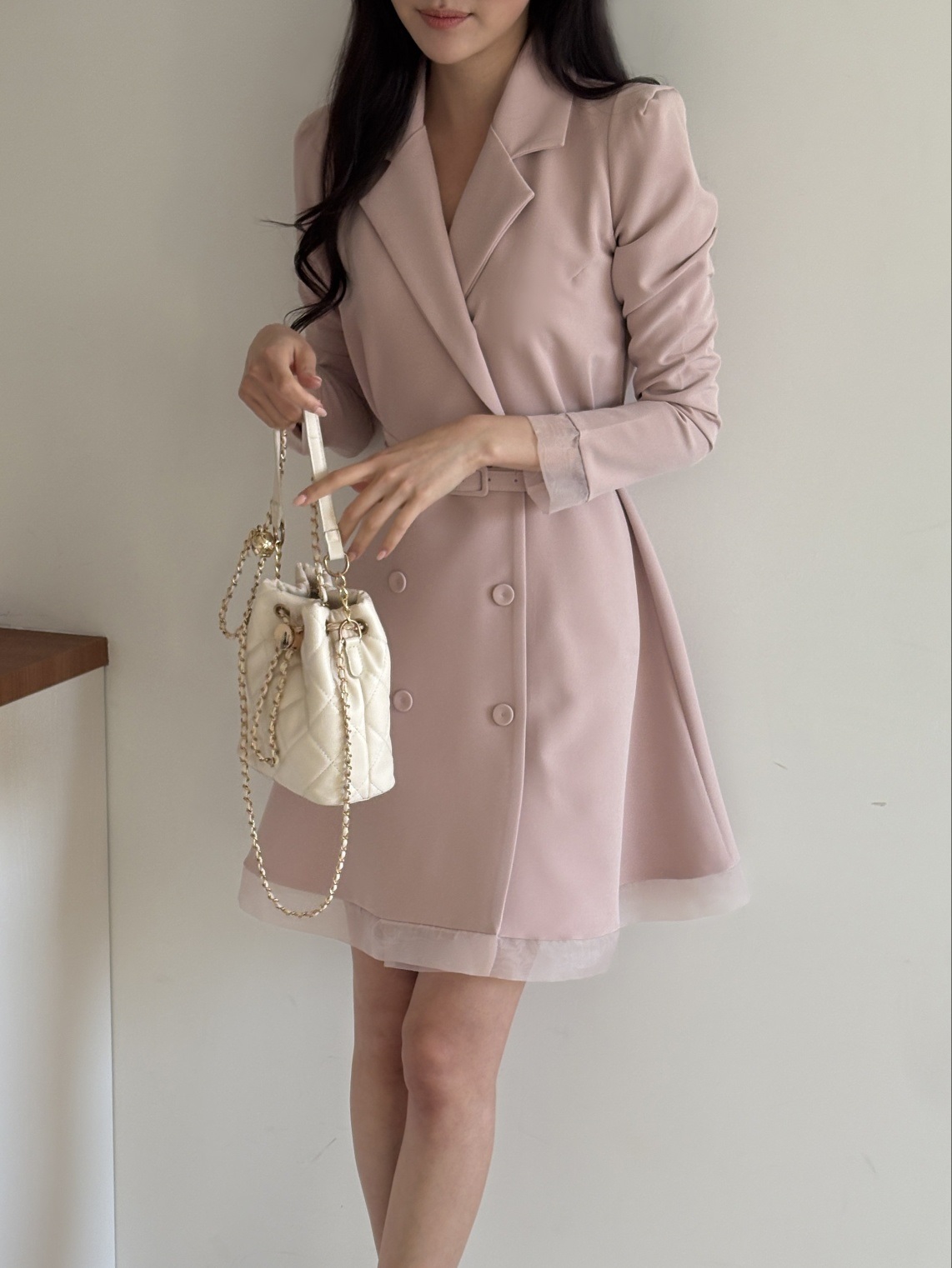 シフォンコンビカラー長袖フレアダブルボタン無地ワンピースベルト付 | 詳細画像13