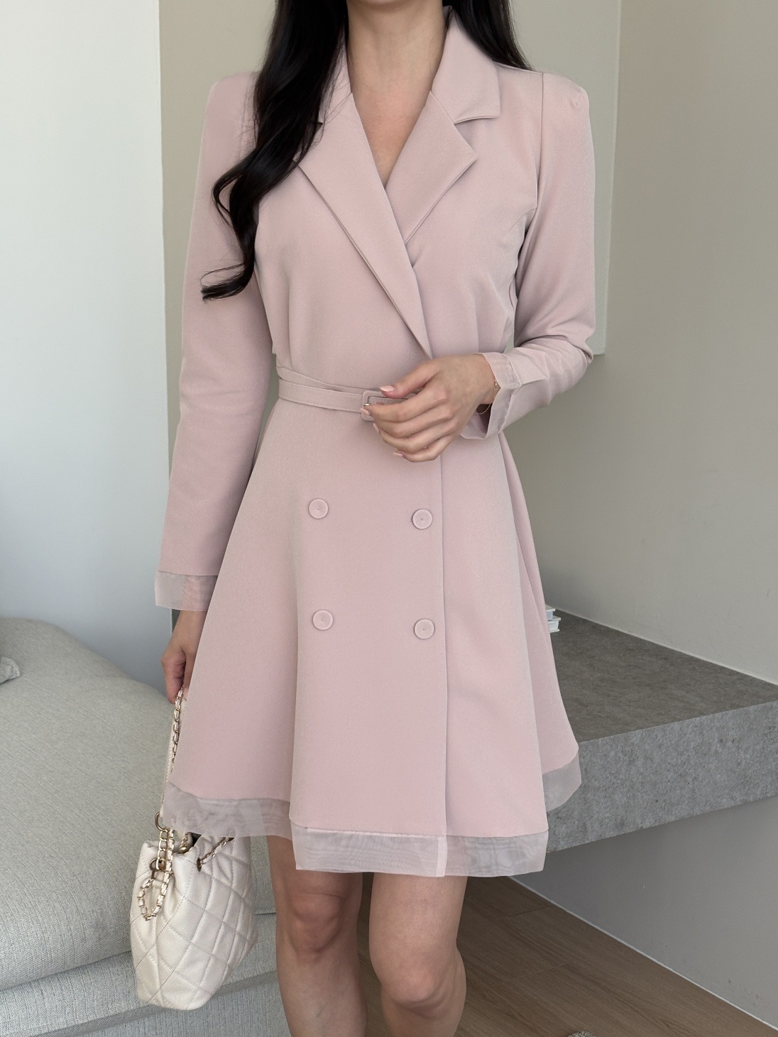 シフォンコンビカラー長袖フレアダブルボタン無地ワンピースベルト付 | 詳細画像19