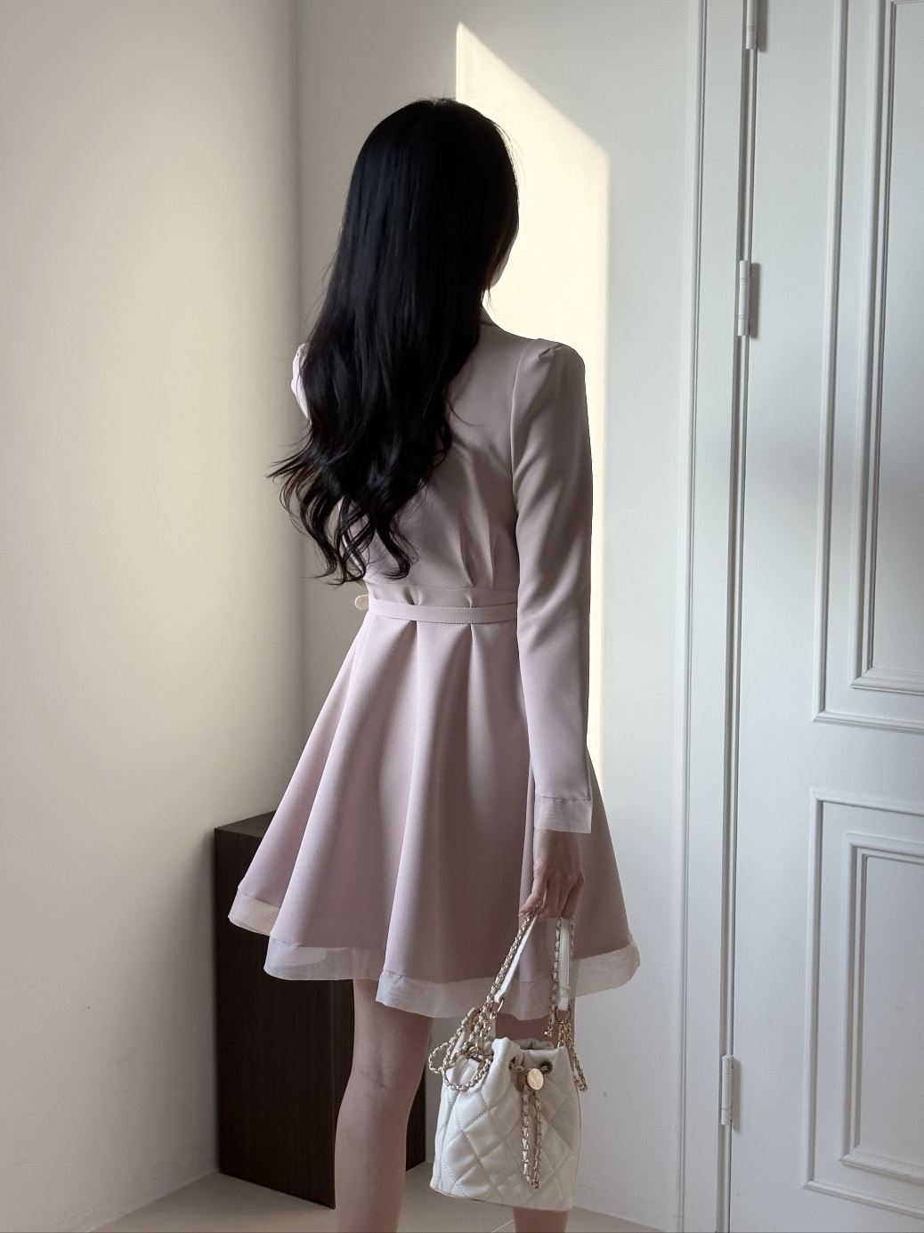 シフォンコンビカラー長袖フレアダブルボタン無地ワンピースベルト付 | 詳細画像9
