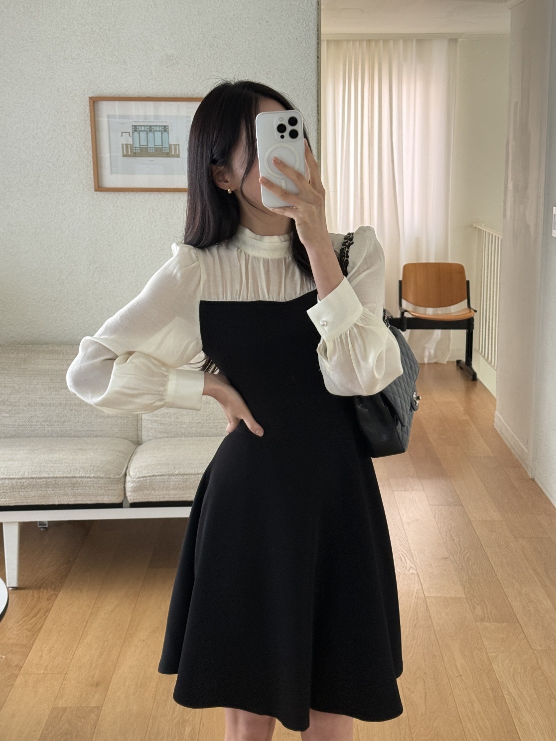 ハーフネックパフスリーブレイヤード風長袖ミディフレアAラインボタンスリーブ配色ワンピース | 詳細画像2