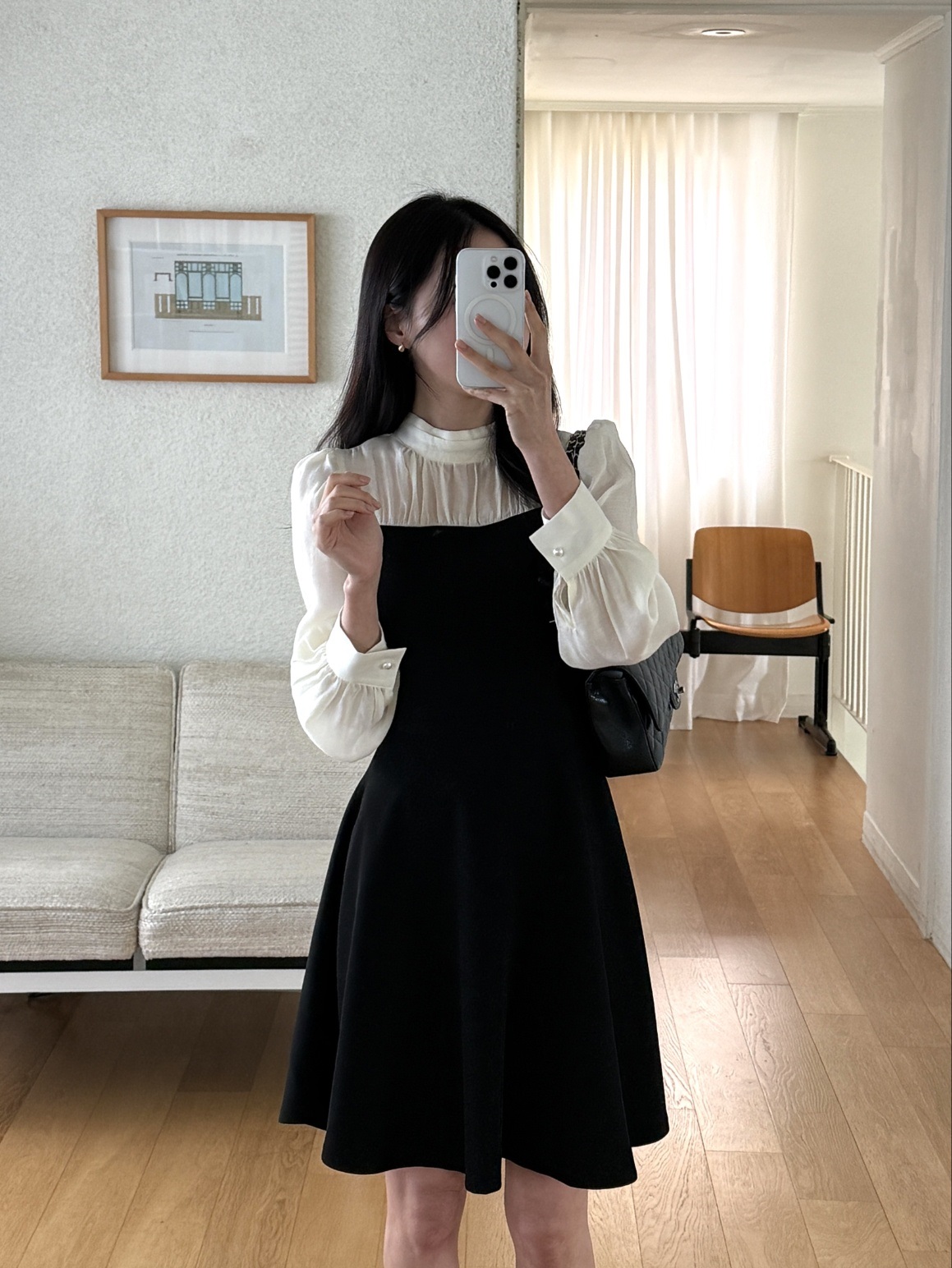 ハーフネックパフスリーブレイヤード風長袖ミディフレアAラインボタンスリーブ配色ワンピース | 詳細画像7