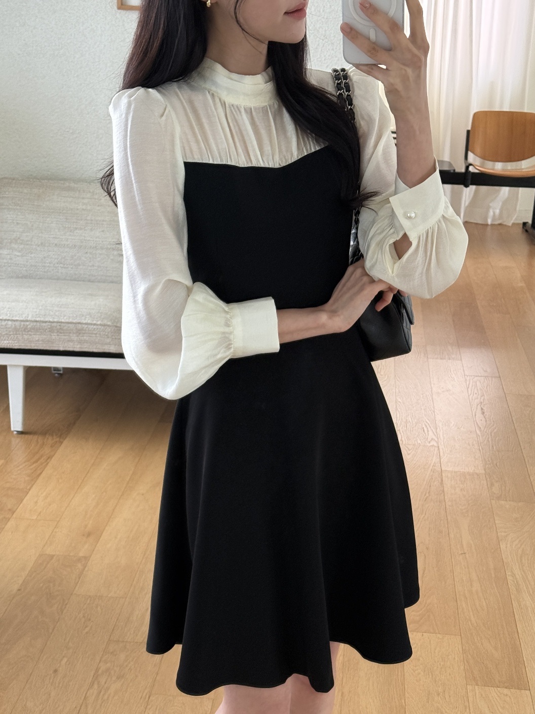 ハーフネックパフスリーブレイヤード風長袖ミディフレアAラインボタンスリーブ配色ワンピース | 詳細画像8