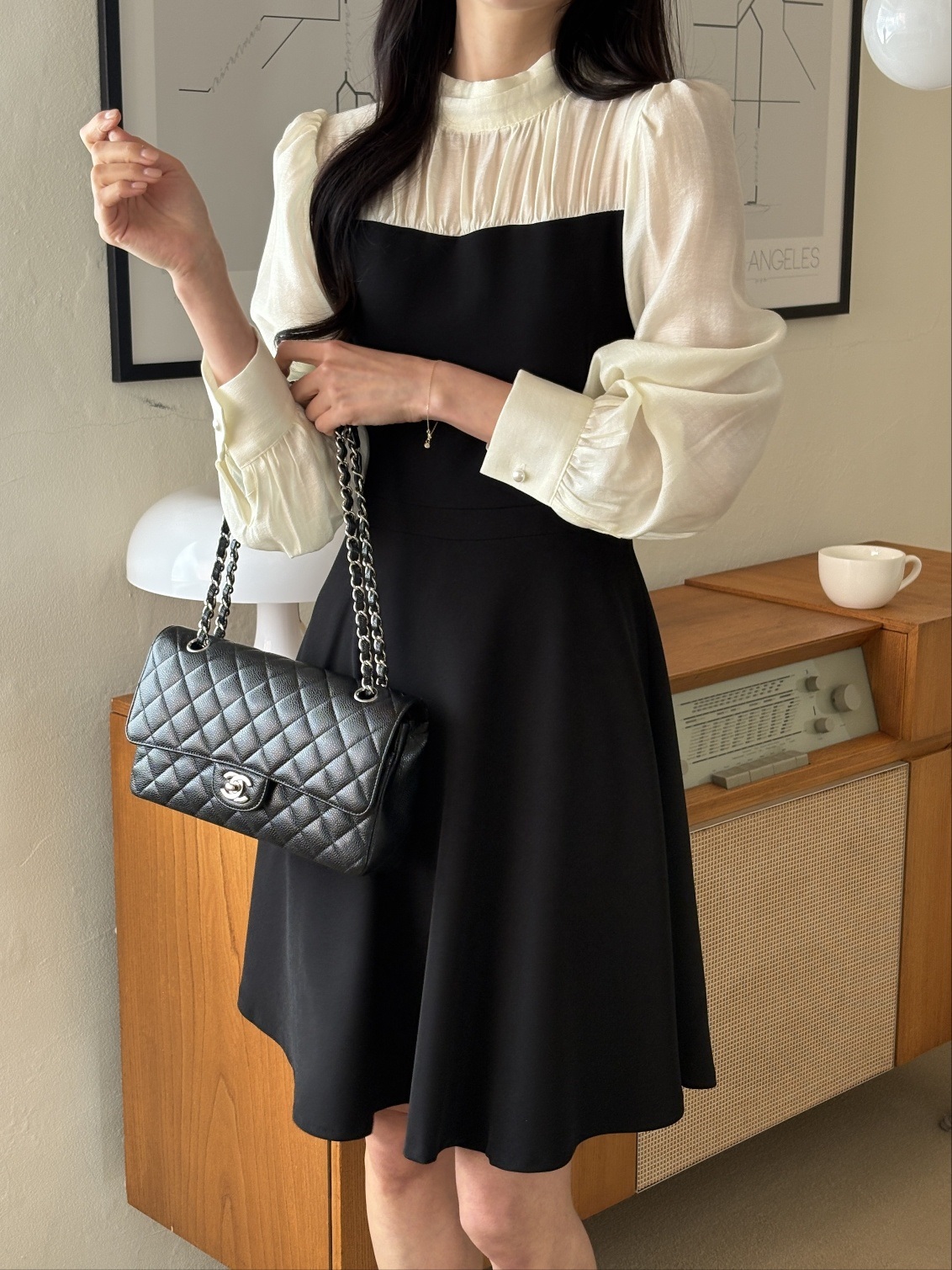 ハーフネックパフスリーブレイヤード風長袖ミディフレアAラインボタンスリーブ配色ワンピース | 詳細画像19